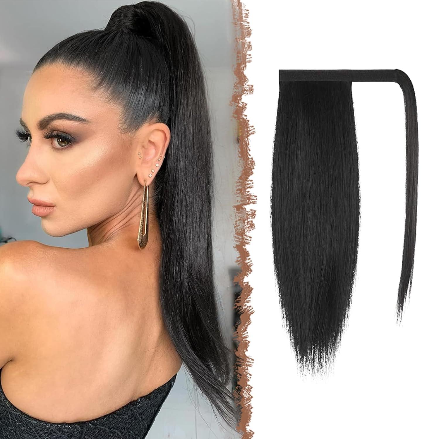 imageFESHFEN Ponytail Extensions 24 Inch Long Straight Wrap Around Synthetic Medium Brown Ponytails Hair Piece Pony Tail Hair Extensions Hairpieces for WomenNatural Black