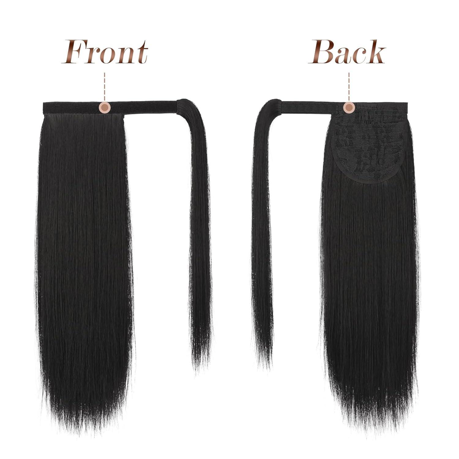 imageFESHFEN Ponytail Extensions 24 Inch Long Straight Wrap Around Synthetic Medium Brown Ponytails Hair Piece Pony Tail Hair Extensions Hairpieces for WomenNatural Black