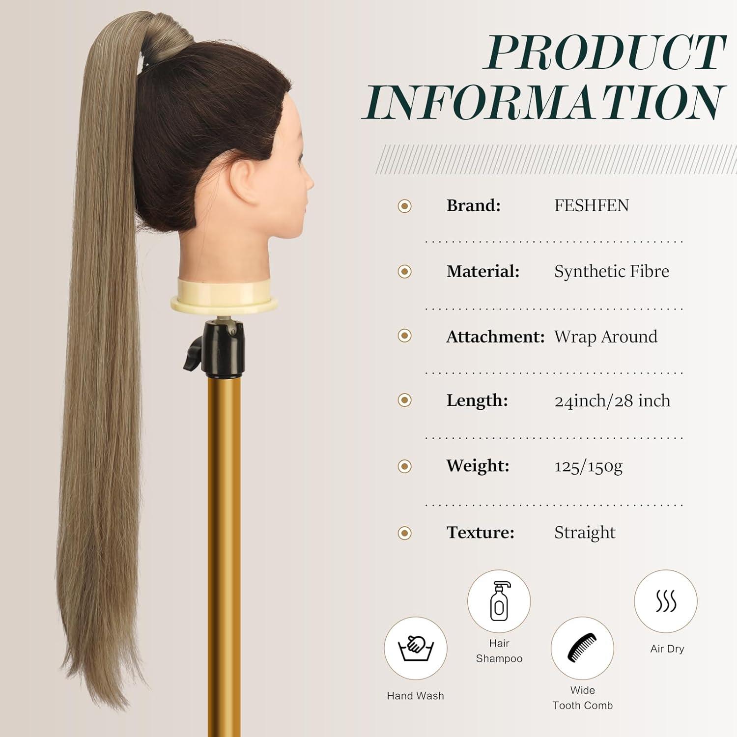 imageFESHFEN Ponytail Extensions 24 Inch Long Straight Wrap Around Synthetic Medium Brown Ponytails Hair Piece Pony Tail Hair Extensions Hairpieces for WomenP8AC18 Caramel Brown Mixed Ash Blonde