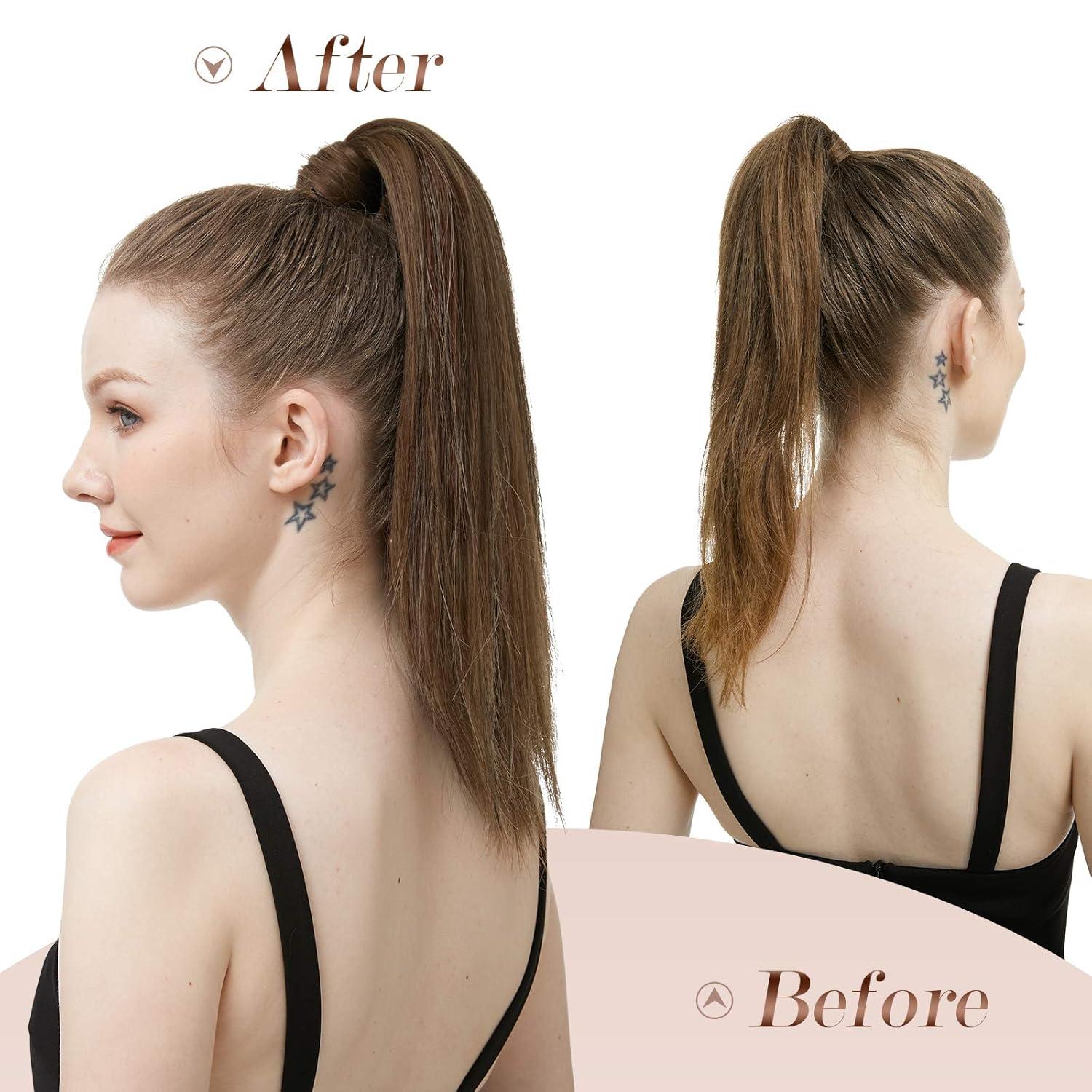 imageFESHFEN Ponytail Extensions 24 Inch Long Straight Wrap Around Synthetic Medium Brown Ponytails Hair Piece Pony Tail Hair Extensions Hairpieces for WomenBrown Mixed Blonde