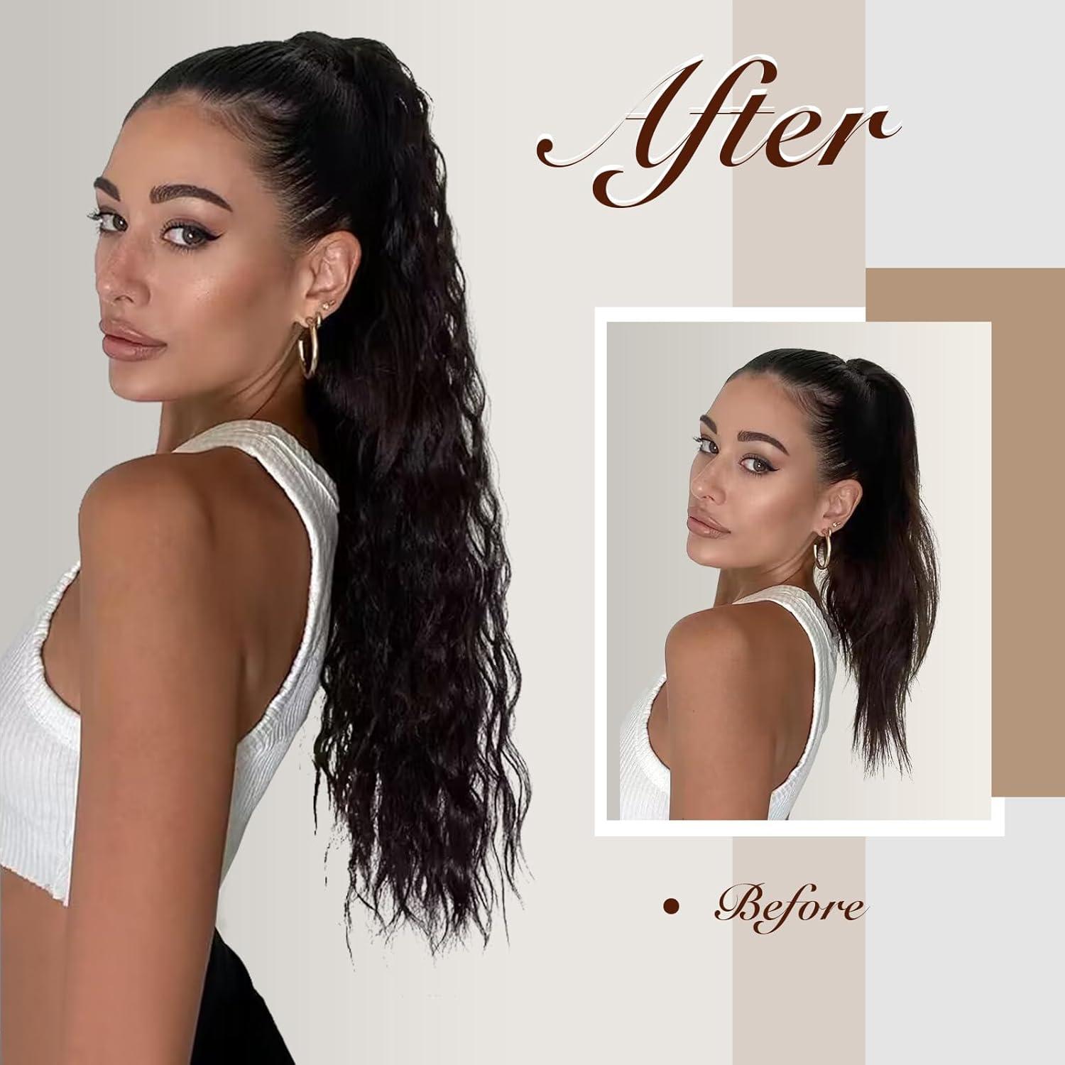 imageFESHFEN Ponytail Extensions 26 inch Drawstring Long Curly Wavy Clip in Ponytails Synthetic Hair Piece Pony Tail Hairpieces for Women Honey Blonde Mixed Light Brown46A Chocolate Brown Mixed Dark Brown