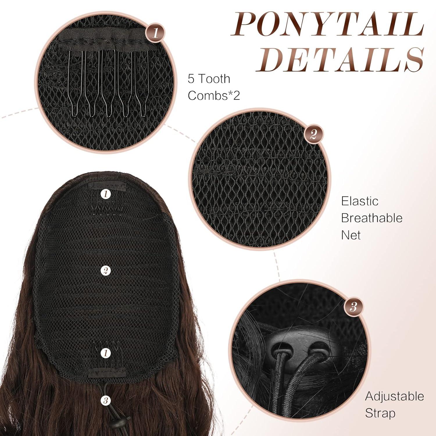 imageFESHFEN Ponytail Extensions 26 inch Drawstring Long Curly Wavy Clip in Ponytails Synthetic Hair Piece Pony Tail Hairpieces for Women Honey Blonde Mixed Light Brown6 Dark Brown