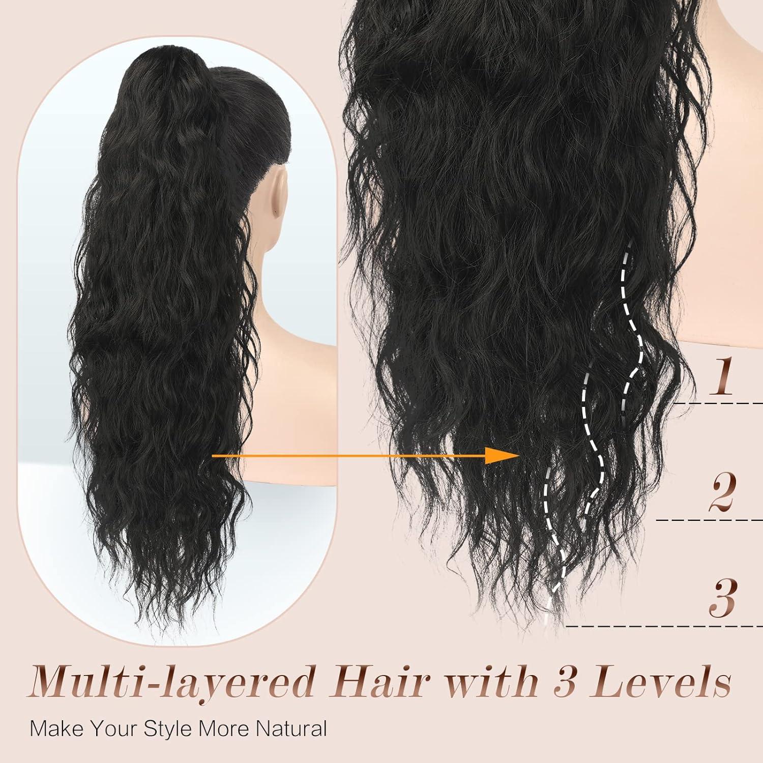 imageFESHFEN Ponytail Extensions 26 inch Drawstring Long Curly Wavy Clip in Ponytails Synthetic Hair Piece Pony Tail Hairpieces for Women Honey Blonde Mixed Light Brown4 Black Brown