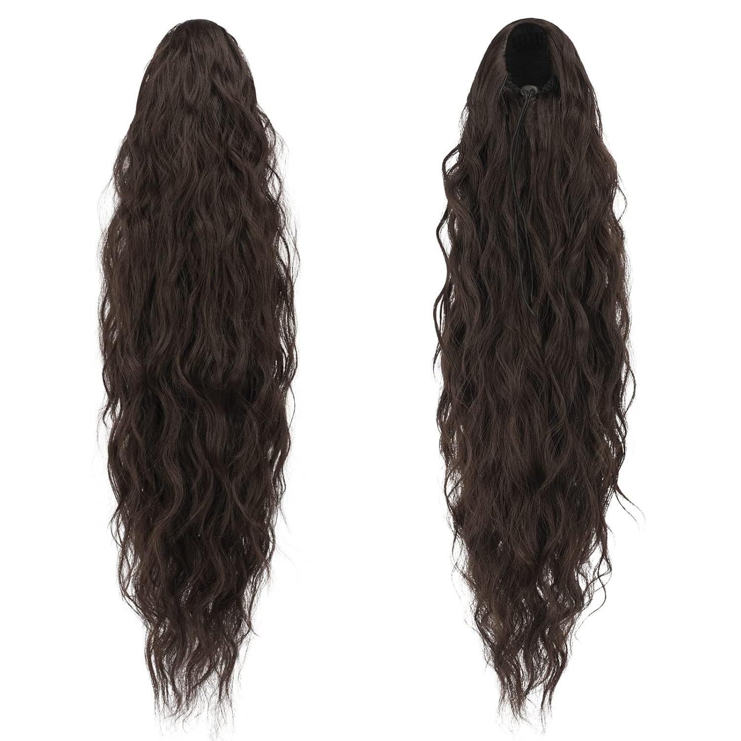imageFESHFEN Ponytail Extensions 26 inch Drawstring Long Curly Wavy Clip in Ponytails Synthetic Hair Piece Pony Tail Hairpieces for Women Honey Blonde Mixed Light Brown4 Black Brown