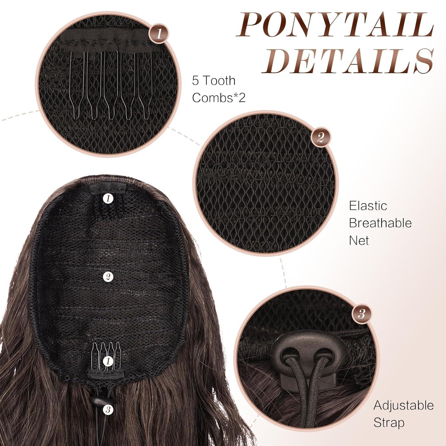 imageFESHFEN Ponytail Extensions 26 inch Drawstring Long Curly Wavy Clip in Ponytails Synthetic Hair Piece Pony Tail Hairpieces for Women Honey Blonde Mixed Light Brown46A Chocolate Brown Mixed Dark Brown
