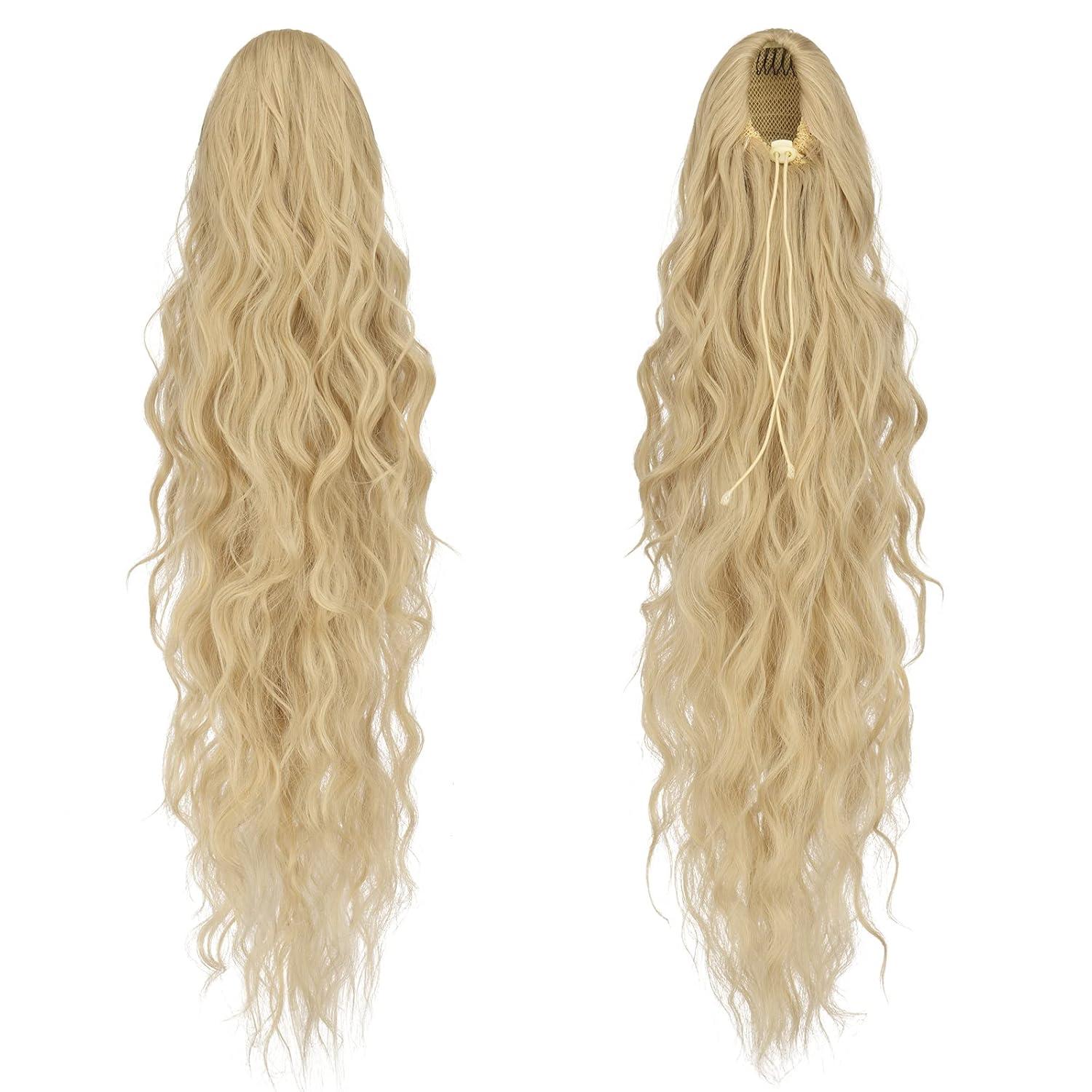 imageFESHFEN Ponytail Extensions 26 inch Drawstring Long Curly Wavy Clip in Ponytails Synthetic Hair Piece Pony Tail Hairpieces for Women Honey Blonde Mixed Light Brown27613 Strawberry Blonde