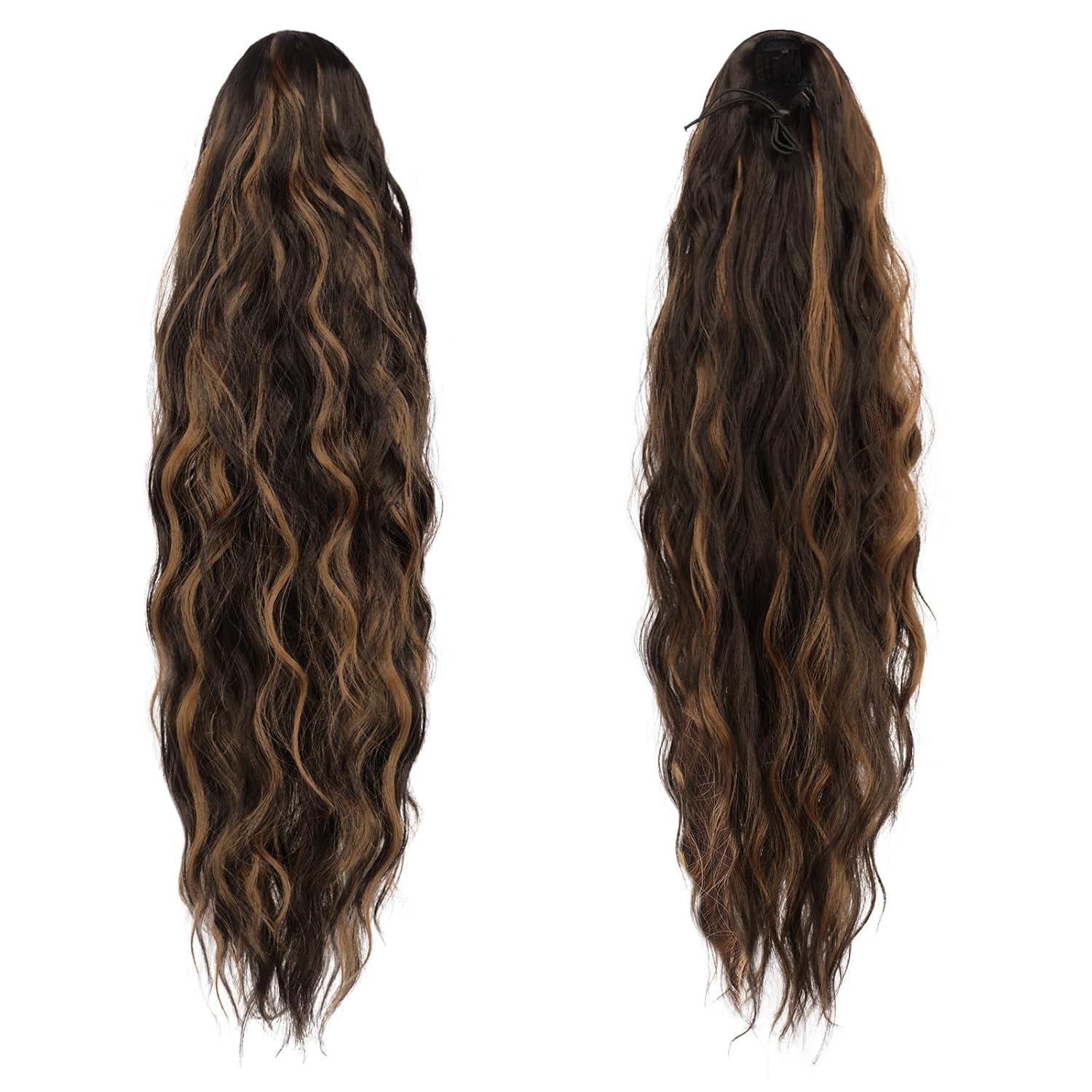 imageFESHFEN Ponytail Extensions 26 inch Drawstring Long Curly Wavy Clip in Ponytails Synthetic Hair Piece Pony Tail Hairpieces for Women Honey Blonde Mixed Light Brown2AH426 Dark Brown Mixed Caramel Blonde