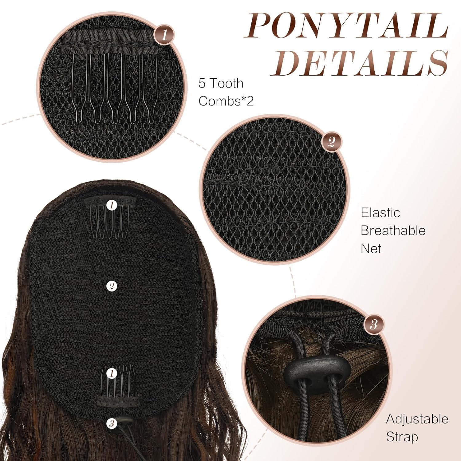 imageFESHFEN Ponytail Extensions 26 inch Drawstring Long Curly Wavy Clip in Ponytails Synthetic Hair Piece Pony Tail Hairpieces for Women Honey Blonde Mixed Light Brown4H30 Dark Brown Highlighted Auburn
