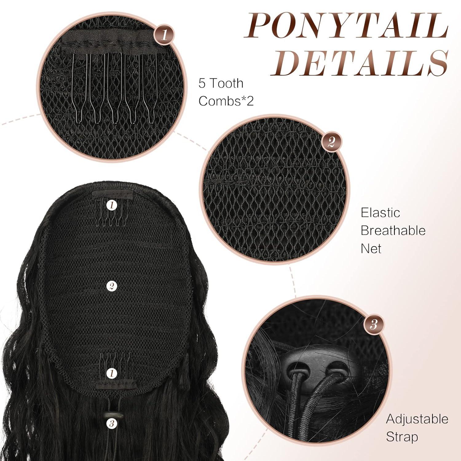imageFESHFEN Ponytail Extensions 26 inch Drawstring Long Curly Wavy Clip in Ponytails Synthetic Hair Piece Pony Tail Hairpieces for Women Honey Blonde Mixed Light Brown1B Black