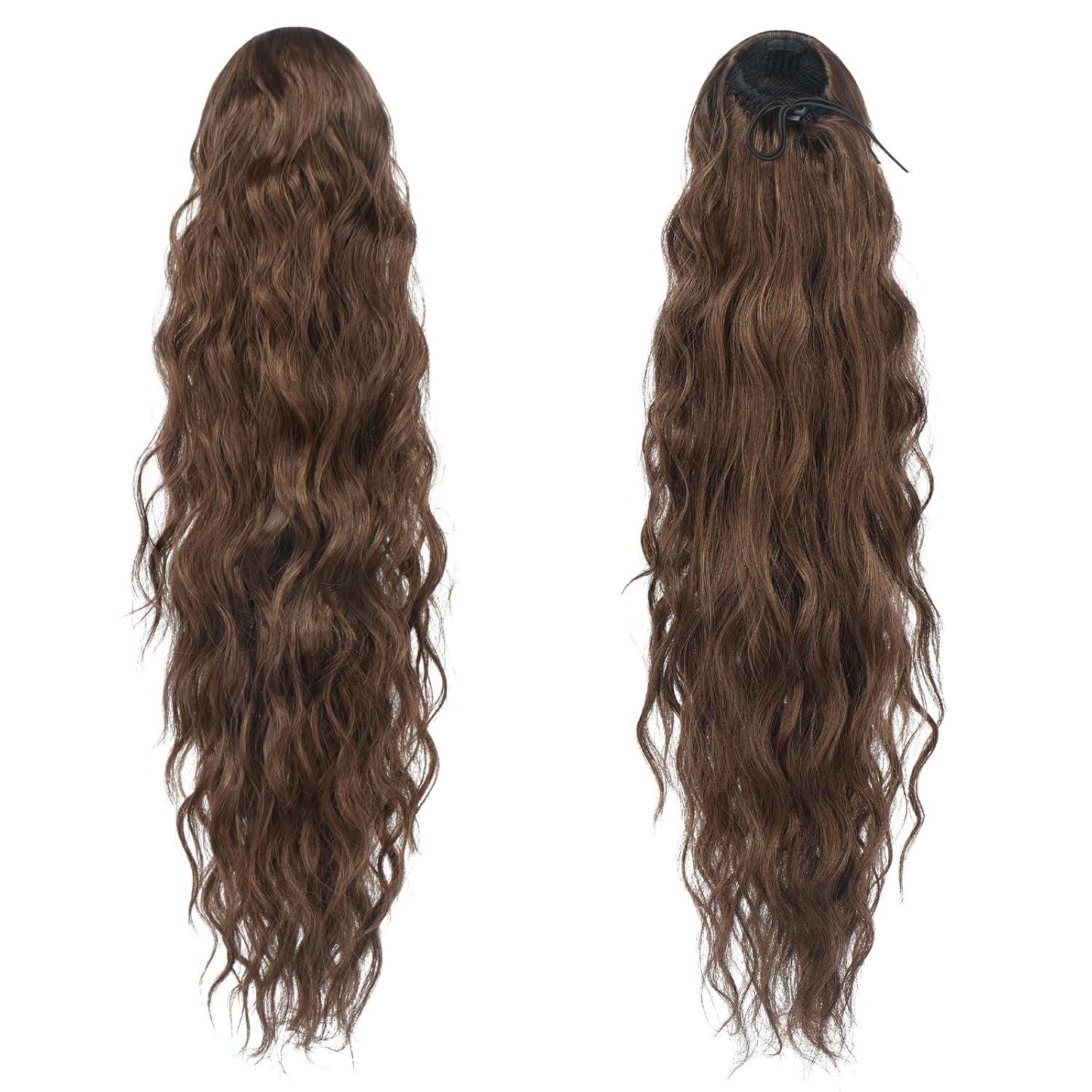 imageFESHFEN Ponytail Extensions 26 inch Drawstring Long Curly Wavy Clip in Ponytails Synthetic Hair Piece Pony Tail Hairpieces for Women Honey Blonde Mixed Light Brown7 Brown