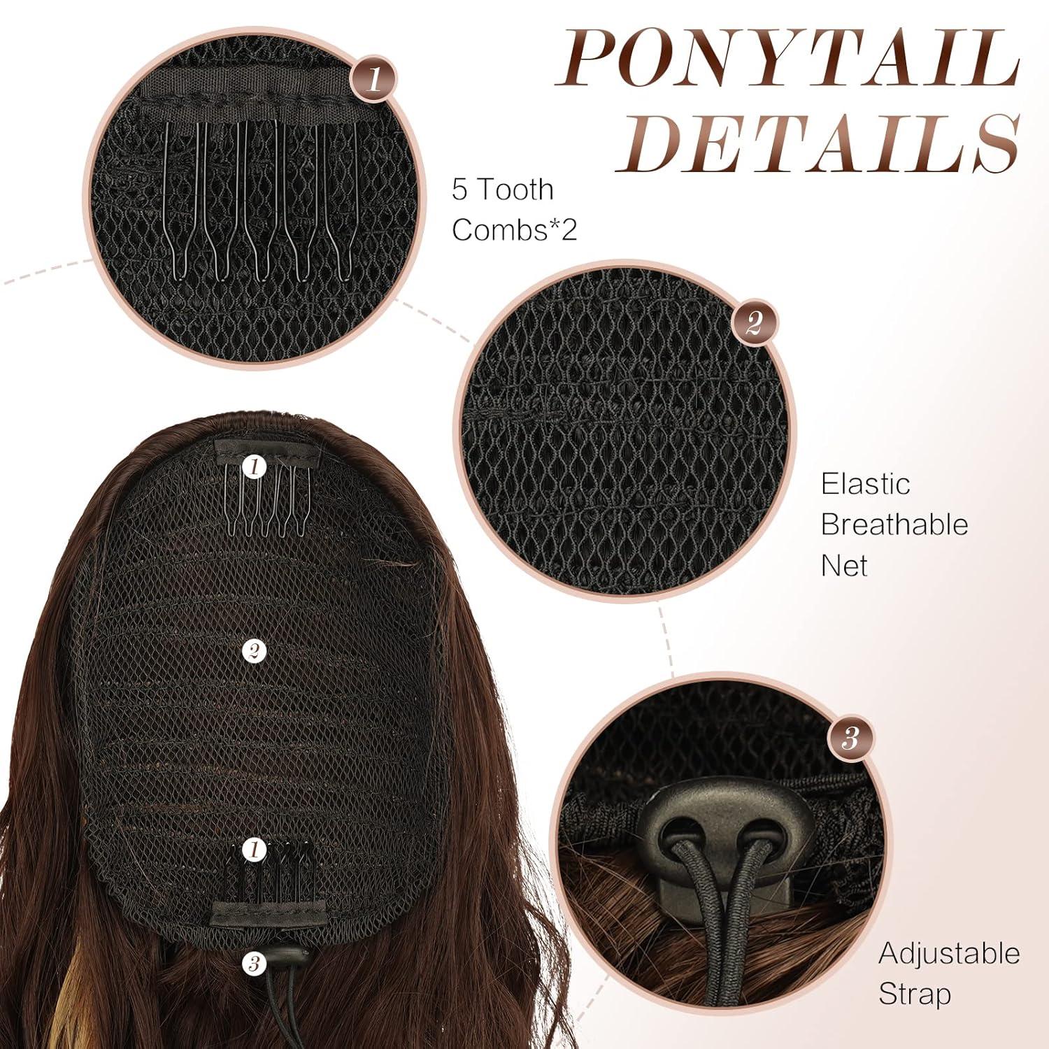 imageFESHFEN Ponytail Extensions 26 inch Drawstring Long Curly Wavy Clip in Ponytails Synthetic Hair Piece Pony Tail Hairpieces for Women Honey Blonde Mixed Light Brown4BH27 Brown Highlighted Strawberry Blonde