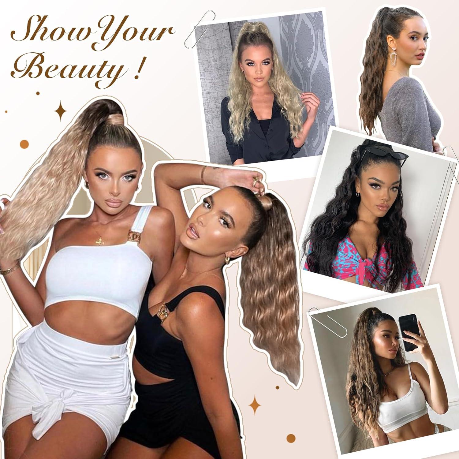 imageFESHFEN Ponytail Extensions 26 inch Drawstring Long Curly Wavy Clip in Ponytails Synthetic Hair Piece Pony Tail Hairpieces for Women Honey Blonde Mixed Light Brown6 Dark Brown