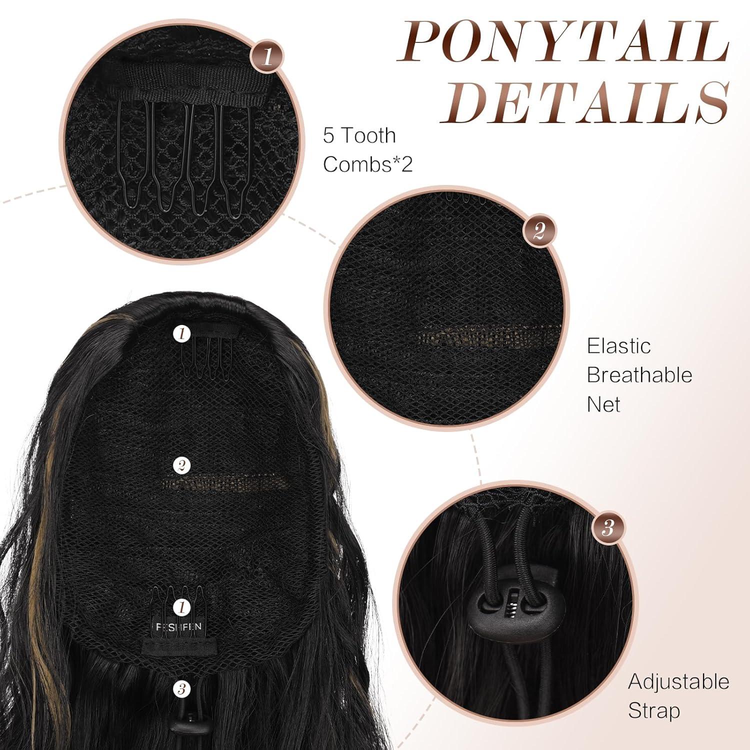 imageFESHFEN Ponytail Extensions 26 inch Drawstring Long Curly Wavy Clip in Ponytails Synthetic Hair Piece Pony Tail Hairpieces for Women Honey Blonde Mixed Light Brown2H27 Black Highlighted Caramel