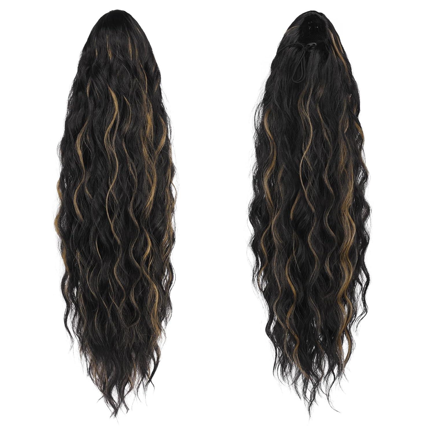 imageFESHFEN Ponytail Extensions 26 inch Drawstring Long Curly Wavy Clip in Ponytails Synthetic Hair Piece Pony Tail Hairpieces for Women Honey Blonde Mixed Light Brown2H27 Black Highlighted Caramel