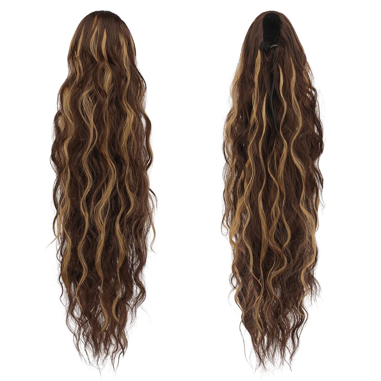 imageFESHFEN Ponytail Extensions 26 inch Drawstring Long Curly Wavy Clip in Ponytails Synthetic Hair Piece Pony Tail Hairpieces for Women Honey Blonde Mixed Light Brown4BH27 Brown Highlighted Strawberry Blonde