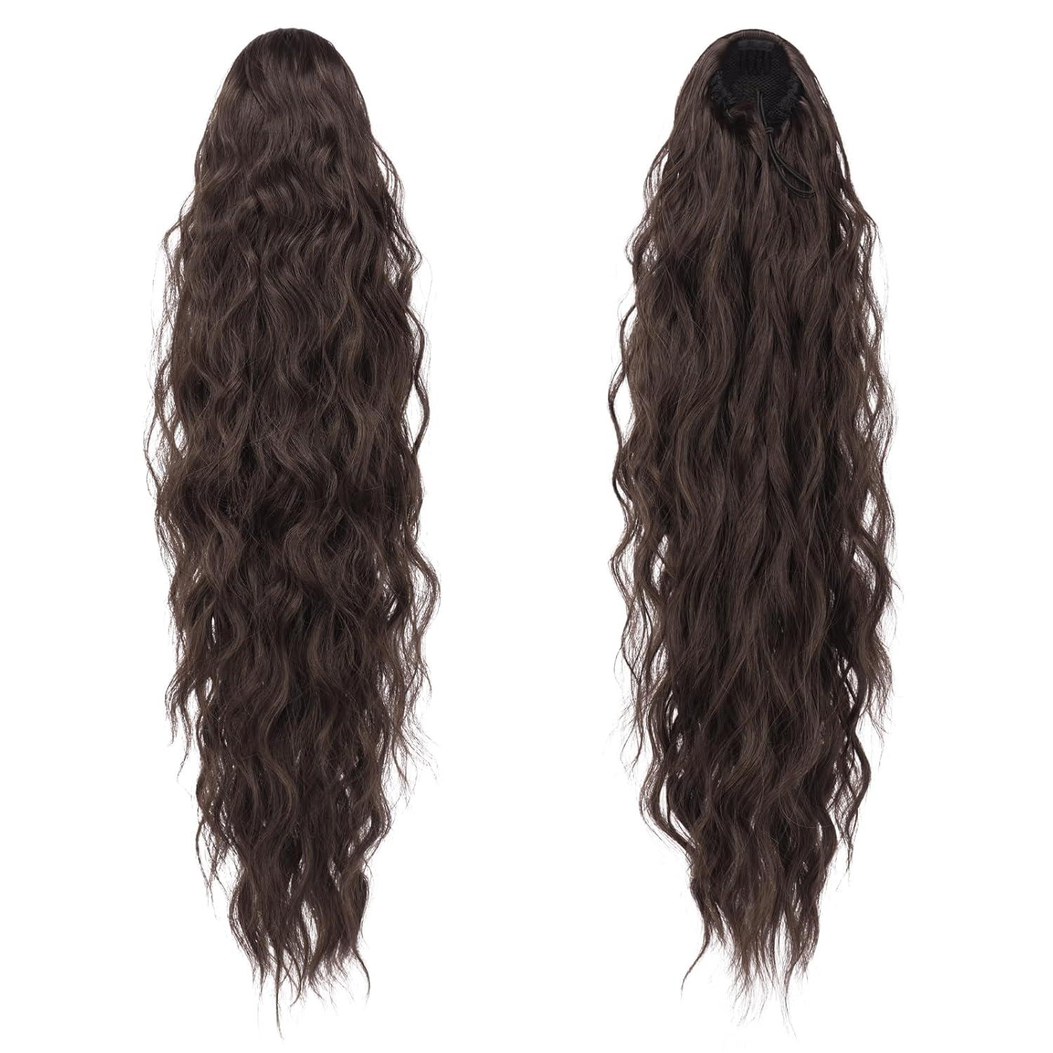 imageFESHFEN Ponytail Extensions 26 inch Drawstring Long Curly Wavy Clip in Ponytails Synthetic Hair Piece Pony Tail Hairpieces for Women Honey Blonde Mixed Light Brown46A Chocolate Brown Mixed Dark Brown