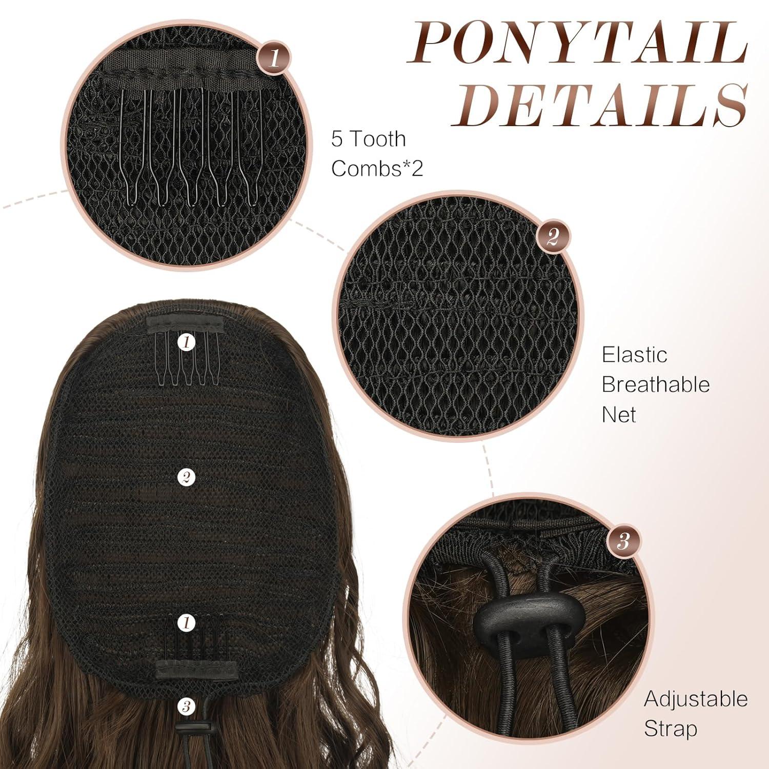 imageFESHFEN Ponytail Extensions 26 inch Drawstring Long Curly Wavy Clip in Ponytails Synthetic Hair Piece Pony Tail Hairpieces for Women Honey Blonde Mixed Light Brown810 Light Brown