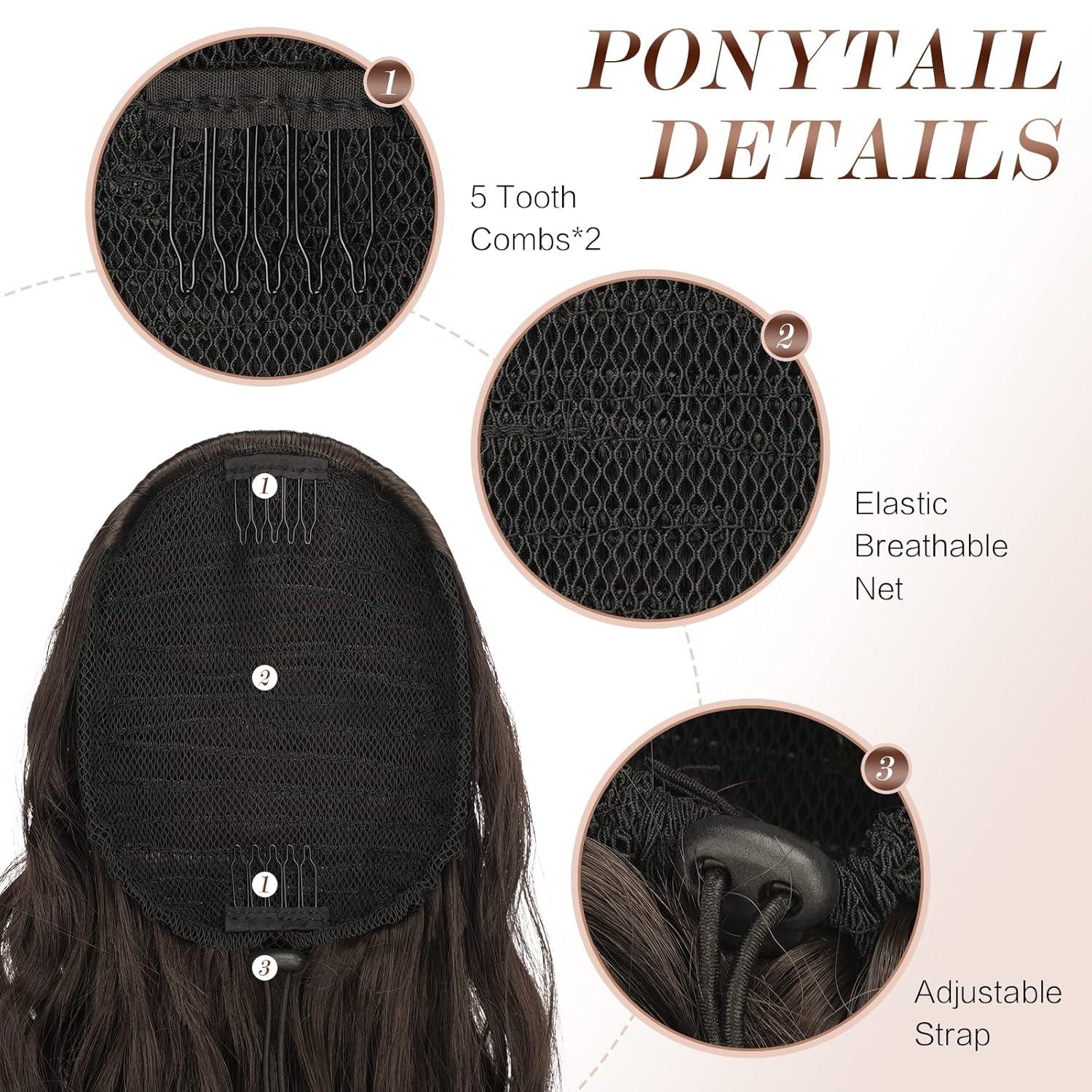 imageFESHFEN Ponytail Extensions 26 inch Drawstring Long Curly Wavy Clip in Ponytails Synthetic Hair Piece Pony Tail Hairpieces for Women Honey Blonde Mixed Light Brown4 Black Brown