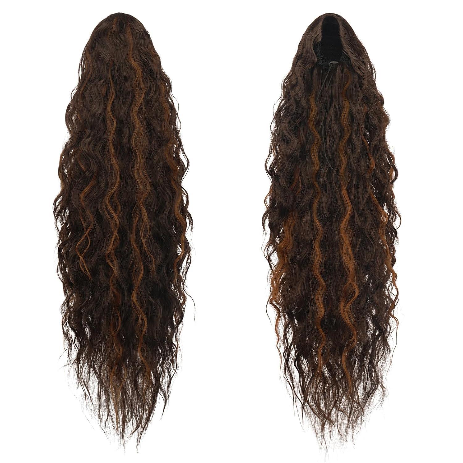 imageFESHFEN Ponytail Extensions 26 inch Drawstring Long Curly Wavy Clip in Ponytails Synthetic Hair Piece Pony Tail Hairpieces for Women Honey Blonde Mixed Light Brown4H30 Dark Brown Highlighted Auburn