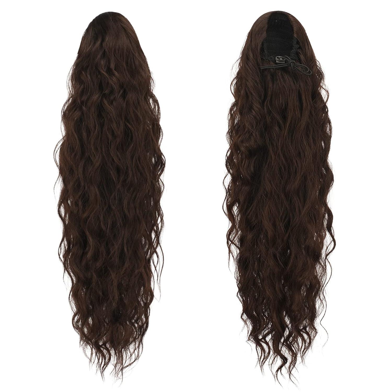 imageFESHFEN Ponytail Extensions 26 inch Drawstring Long Curly Wavy Clip in Ponytails Synthetic Hair Piece Pony Tail Hairpieces for Women Honey Blonde Mixed Light Brown6 Dark Brown