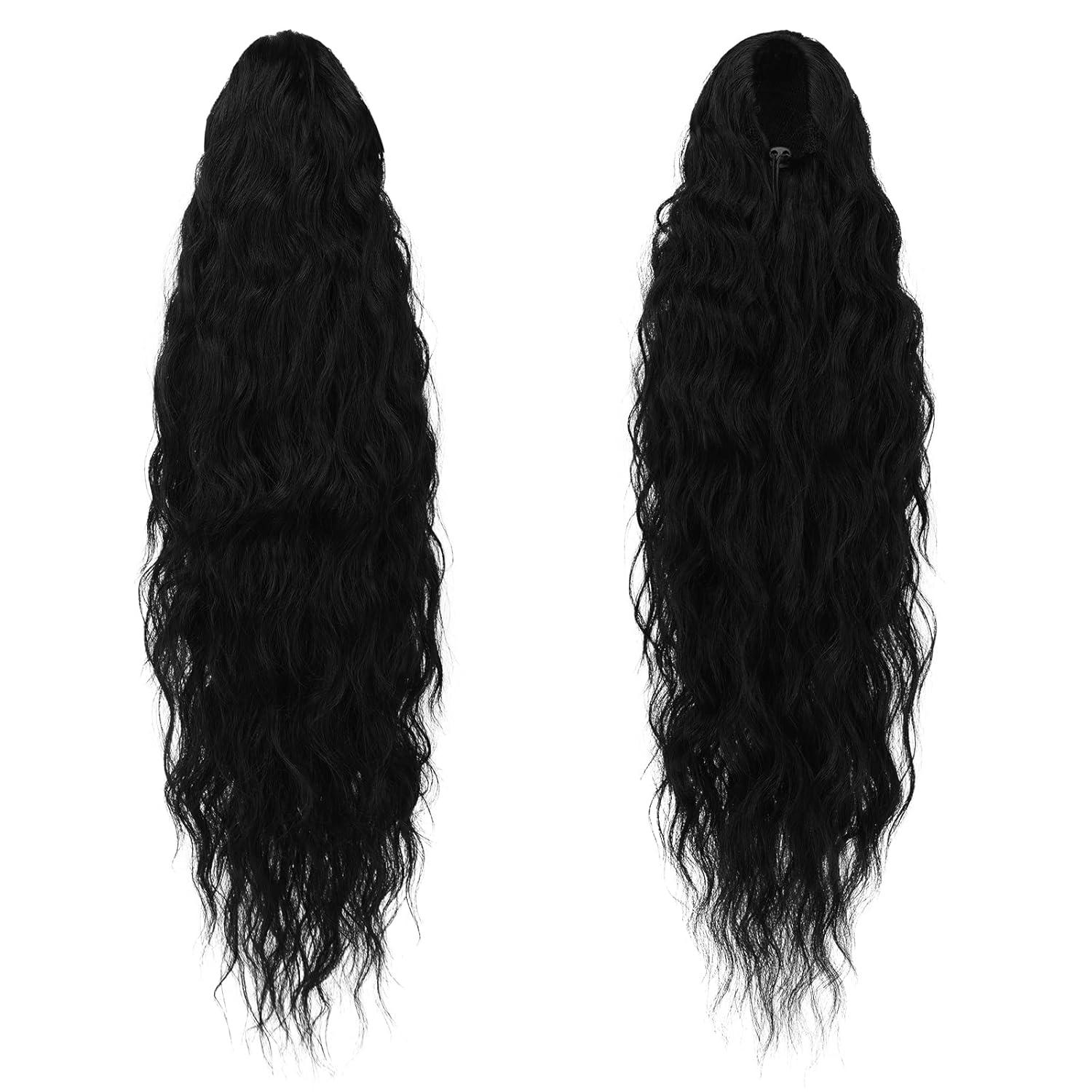 imageFESHFEN Ponytail Extensions 26 inch Drawstring Long Curly Wavy Clip in Ponytails Synthetic Hair Piece Pony Tail Hairpieces for Women Honey Blonde Mixed Light Brown1B Black