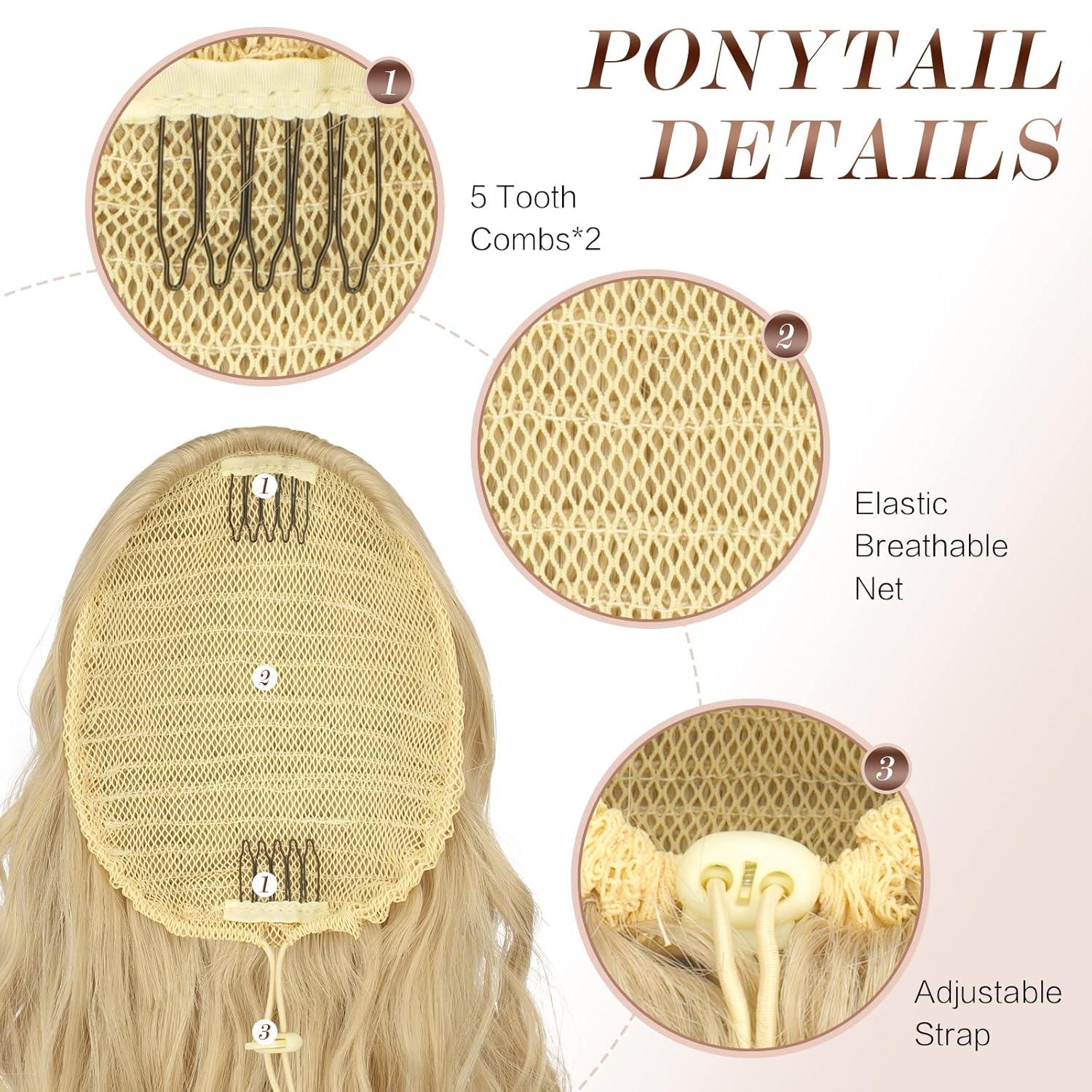 imageFESHFEN Ponytail Extensions 26 inch Drawstring Long Curly Wavy Clip in Ponytails Synthetic Hair Piece Pony Tail Hairpieces for Women Honey Blonde Mixed Light Brown27613 Strawberry Blonde