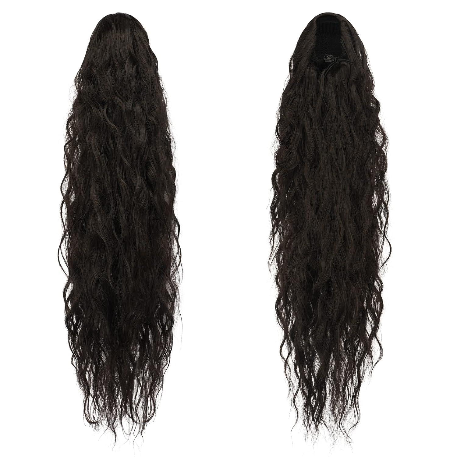 imageFESHFEN Ponytail Extensions 26 inch Drawstring Long Curly Wavy Clip in Ponytails Synthetic Hair Piece Pony Tail Hairpieces for Women Honey Blonde Mixed Light Brown2 Natural Black