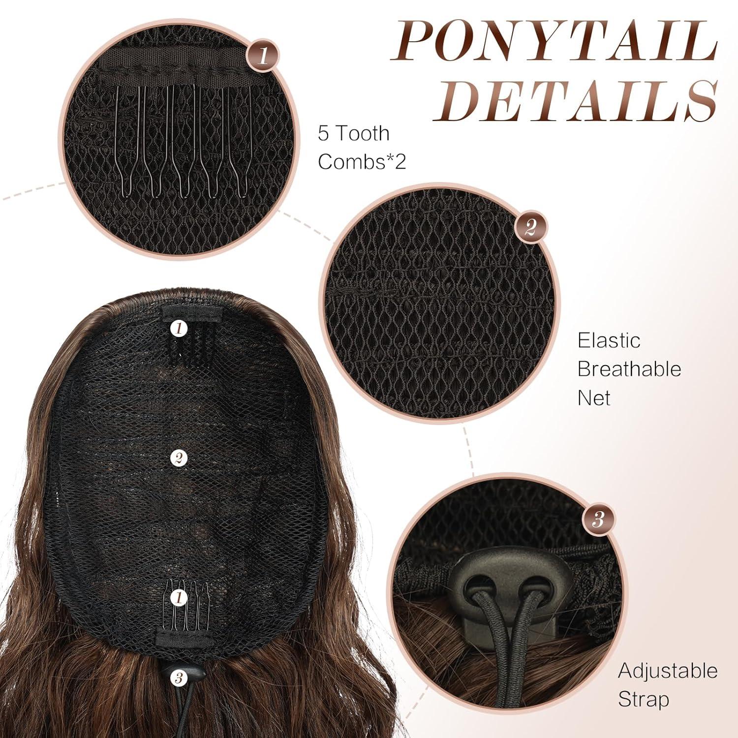 imageFESHFEN Ponytail Extensions 26 inch Drawstring Long Curly Wavy Clip in Ponytails Synthetic Hair Piece Pony Tail Hairpieces for Women Honey Blonde Mixed Light Brown7 Brown