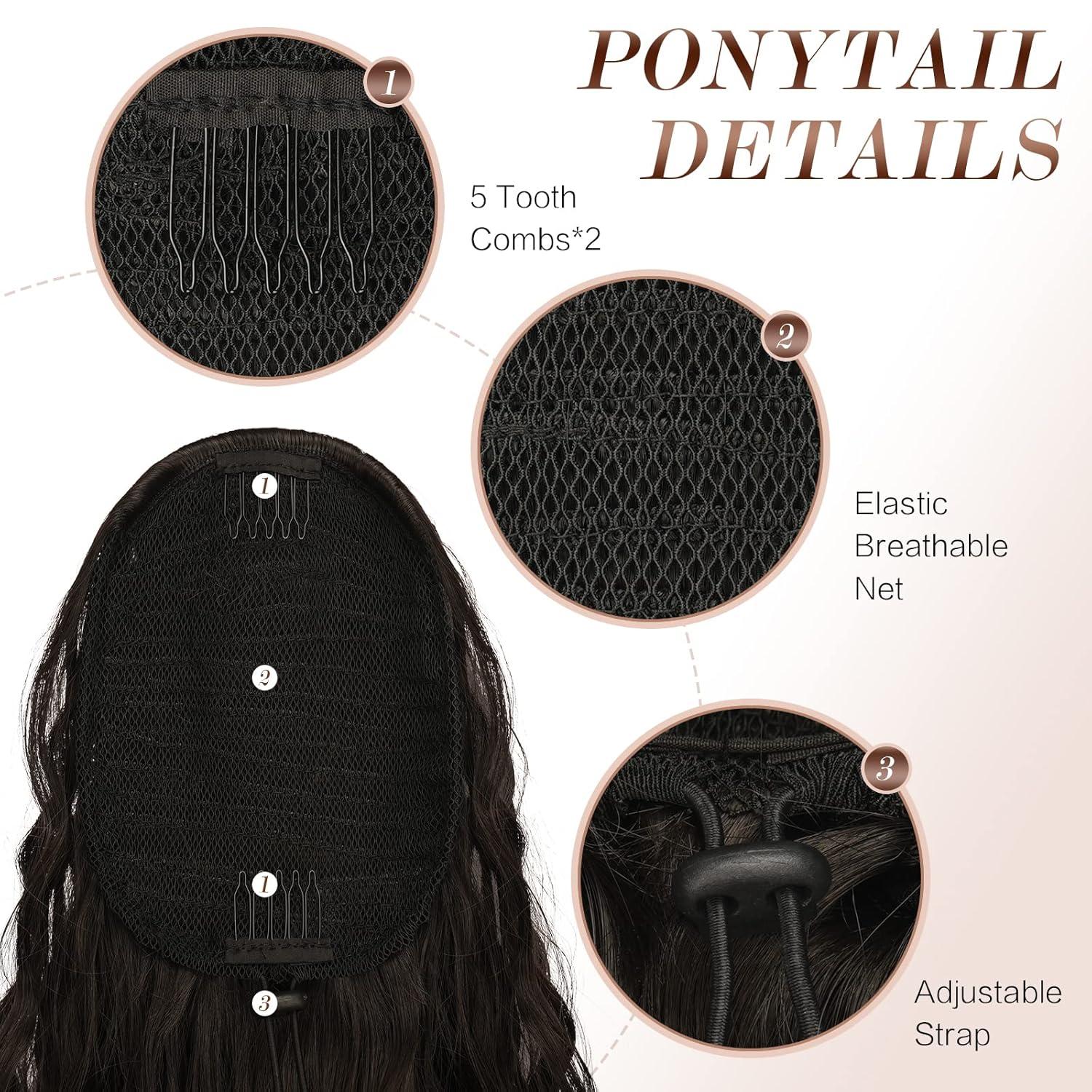 imageFESHFEN Ponytail Extensions 26 inch Drawstring Long Curly Wavy Clip in Ponytails Synthetic Hair Piece Pony Tail Hairpieces for Women Honey Blonde Mixed Light Brown2 Natural Black