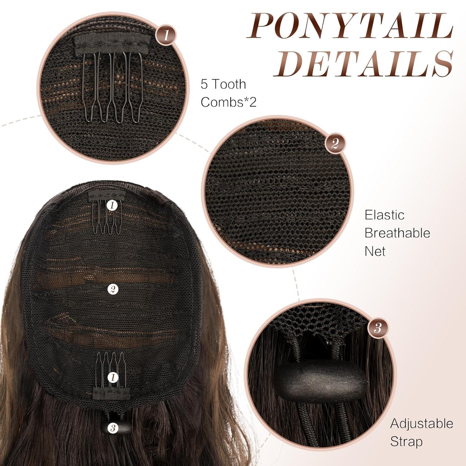 imageFESHFEN Ponytail Extensions 26 inch Drawstring Long Curly Wavy Clip in Ponytails Synthetic Hair Piece Pony Tail Hairpieces for Women Honey Blonde Mixed Light Brown2AH426 Dark Brown Mixed Caramel Blonde