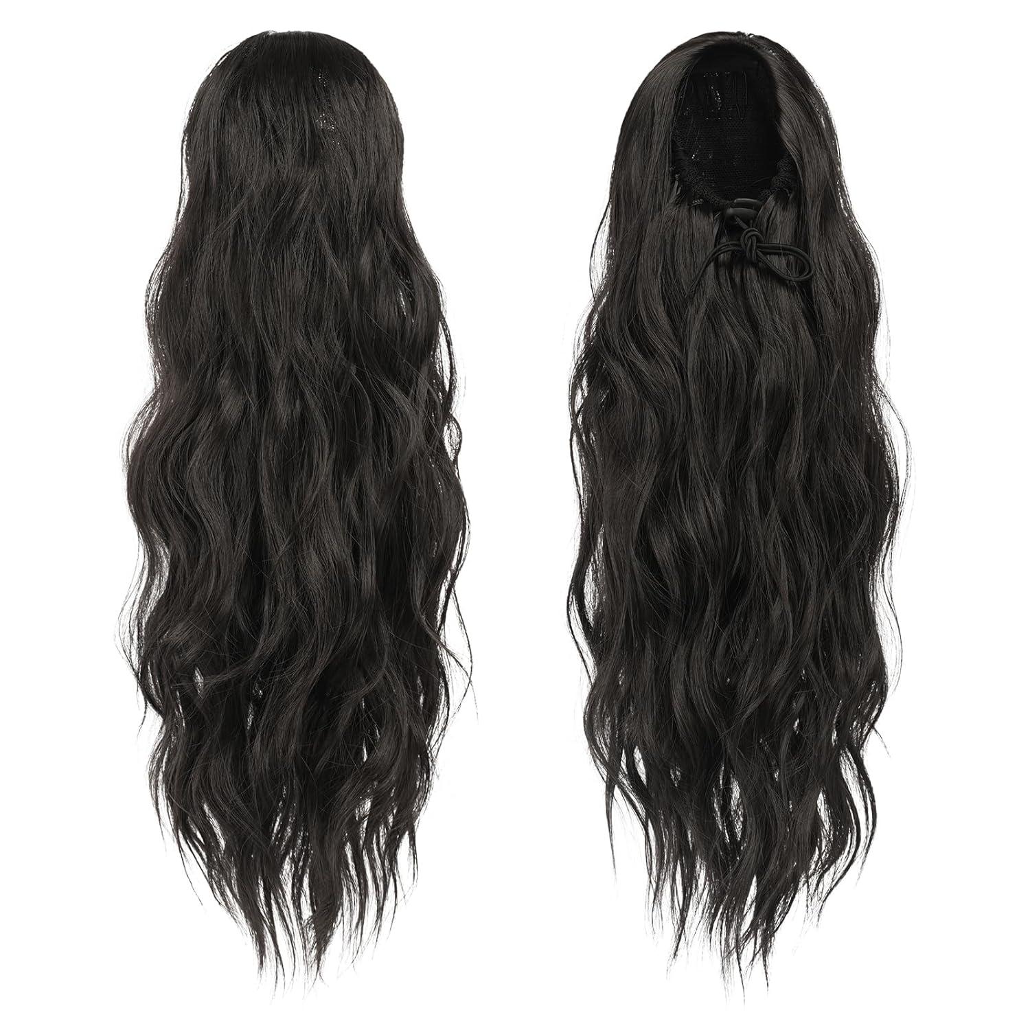 imageFESHFEN Ponytail Extensions Drawstring Ponytails Hair Extension Long Curly Wavy Hair Piece Synthetic Pony Tail Hairpieces for Women Golden Brown Mix Blonde 18 inch4 Black Brown