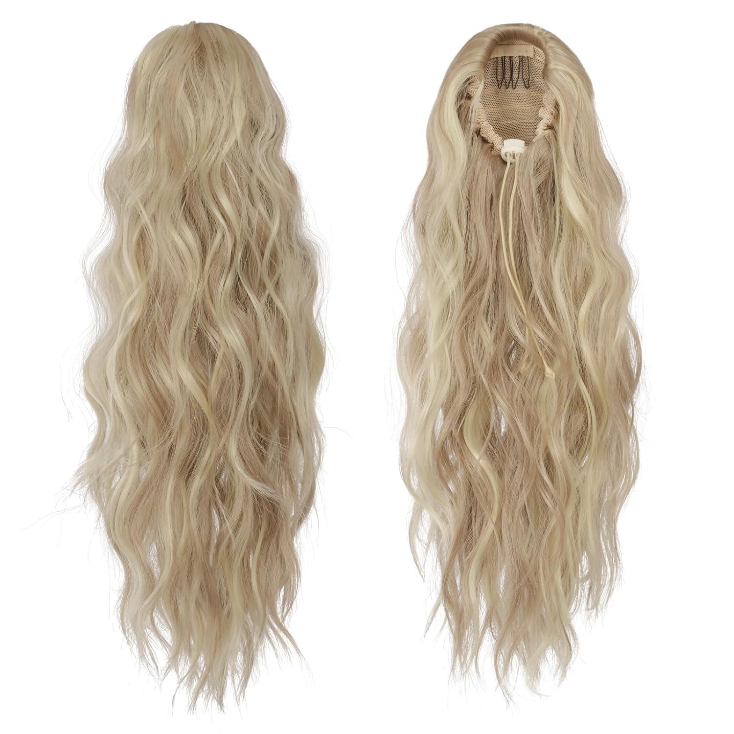 imageFESHFEN Ponytail Extensions Drawstring Ponytails Hair Extension Long Curly Wavy Hair Piece Synthetic Pony Tail Hairpieces for Women Golden Brown Mix Blonde 18 inch16H613 Dirty Blonde