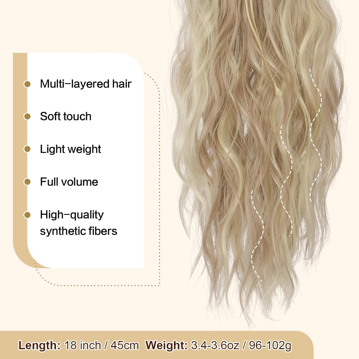 imageFESHFEN Ponytail Extensions Drawstring Ponytails Hair Extension Long Curly Wavy Hair Piece Synthetic Pony Tail Hairpieces for Women Golden Brown Mix Blonde 18 inch16H613 Dirty Blonde
