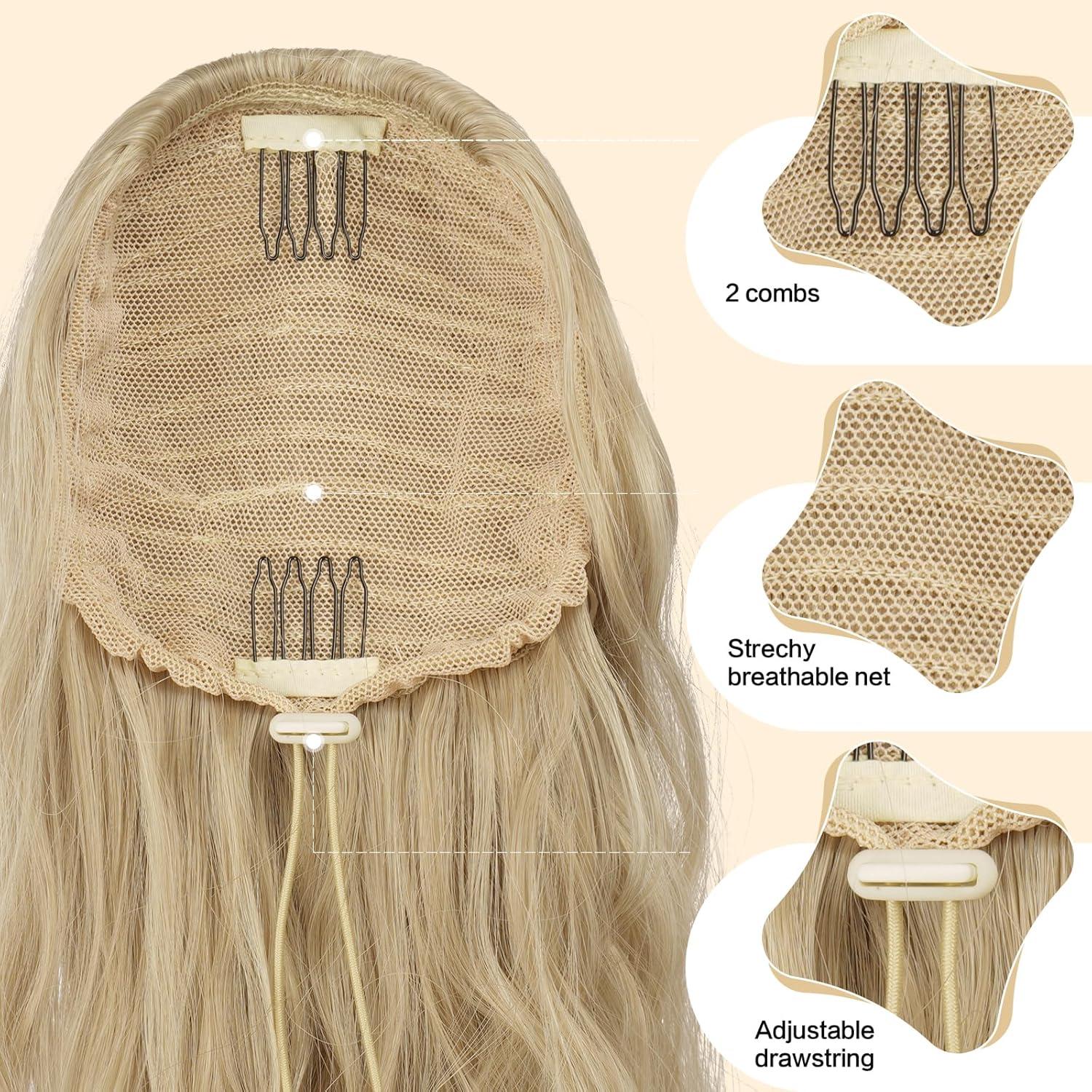 imageFESHFEN Ponytail Extensions Drawstring Ponytails Hair Extension Long Curly Wavy Hair Piece Synthetic Pony Tail Hairpieces for Women Golden Brown Mix Blonde 18 inch16613 AshBlonde