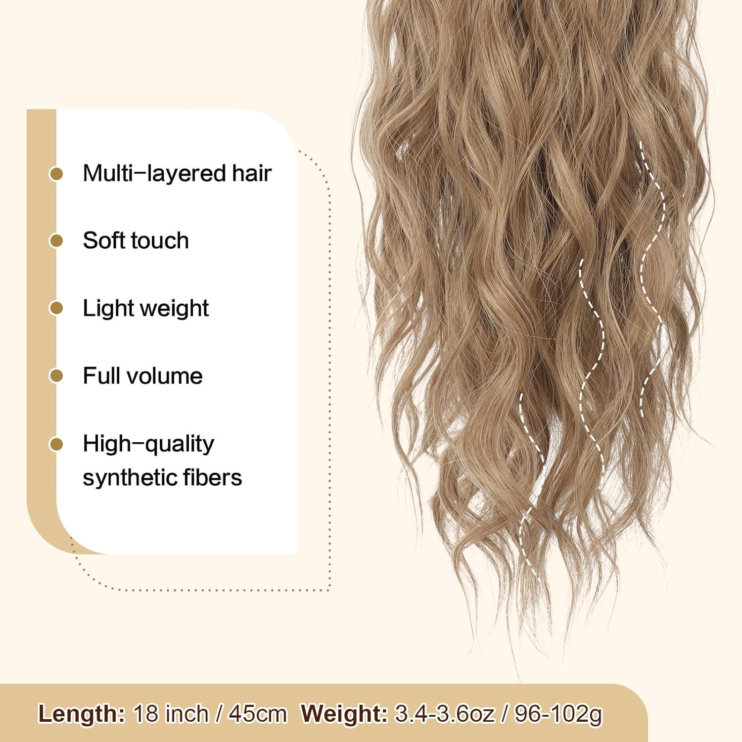 imageFESHFEN Ponytail Extensions Drawstring Ponytails Hair Extension Long Curly Wavy Hair Piece Synthetic Pony Tail Hairpieces for Women Golden Brown Mix Blonde 18 inch1224 Light Brown Mixed Natural Blonde