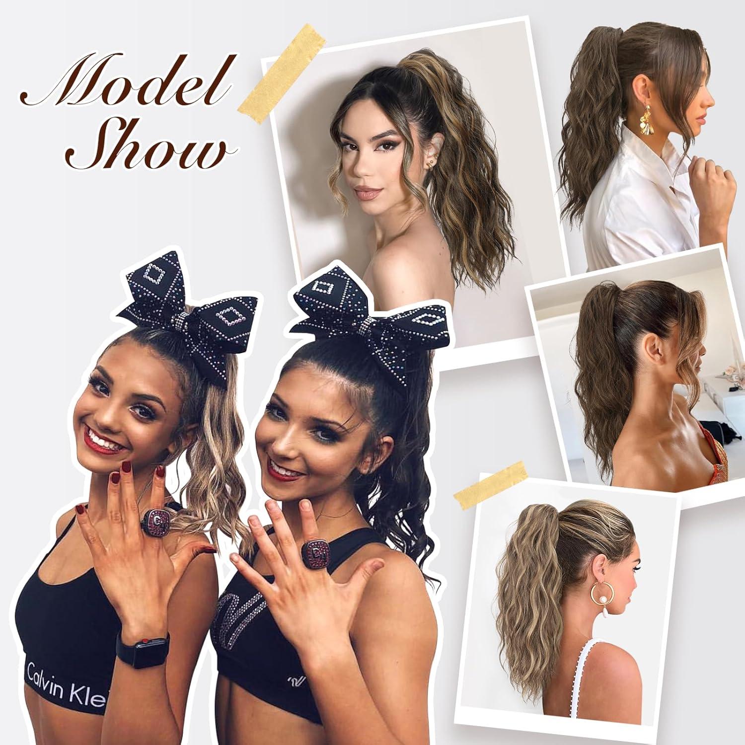 imageFESHFEN Ponytail Extensions Drawstring Ponytails Hair Extension Long Curly Wavy Hair Piece Synthetic Pony Tail Hairpieces for Women Golden Brown Mix Blonde 18 inch4 Black Brown