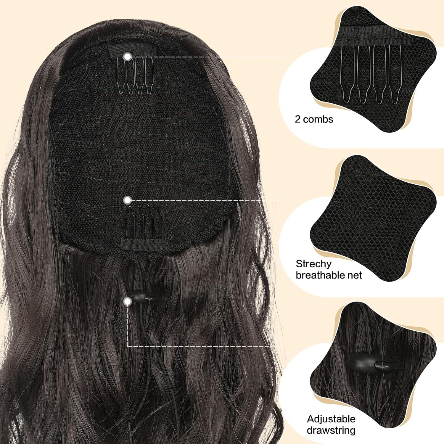 imageFESHFEN Ponytail Extensions Drawstring Ponytails Hair Extension Long Curly Wavy Hair Piece Synthetic Pony Tail Hairpieces for Women Golden Brown Mix Blonde 18 inch6A Dark Brown