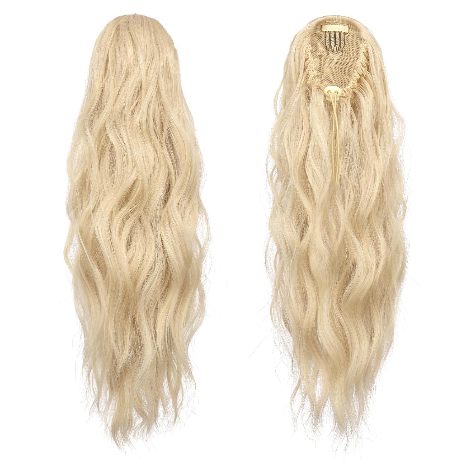 imageFESHFEN Ponytail Extensions Drawstring Ponytails Hair Extension Long Curly Wavy Hair Piece Synthetic Pony Tail Hairpieces for Women Golden Brown Mix Blonde 18 inch2460 Light Blonde