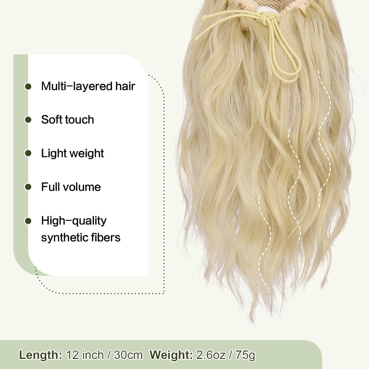 imageFESHFEN Ponytail Extensions Drawstring Ponytails Hair Extension Long Curly Wavy Hair Piece Synthetic Pony Tail Hairpieces for Women Golden Brown Mix Blonde 18 inchAsh Blonde 12 inch