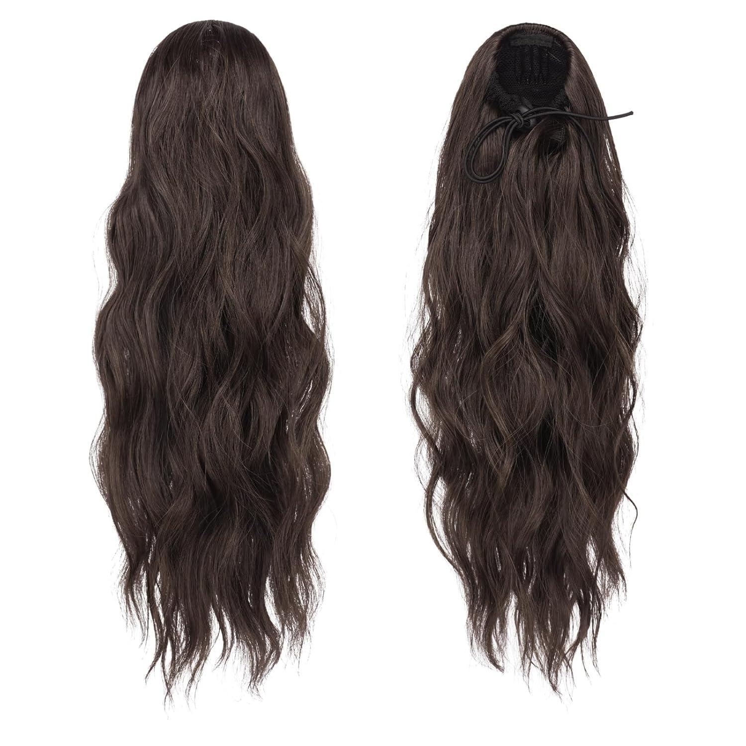 imageFESHFEN Ponytail Extensions Drawstring Ponytails Hair Extension Long Curly Wavy Hair Piece Synthetic Pony Tail Hairpieces for Women Golden Brown Mix Blonde 18 inch46A Mixed Brown