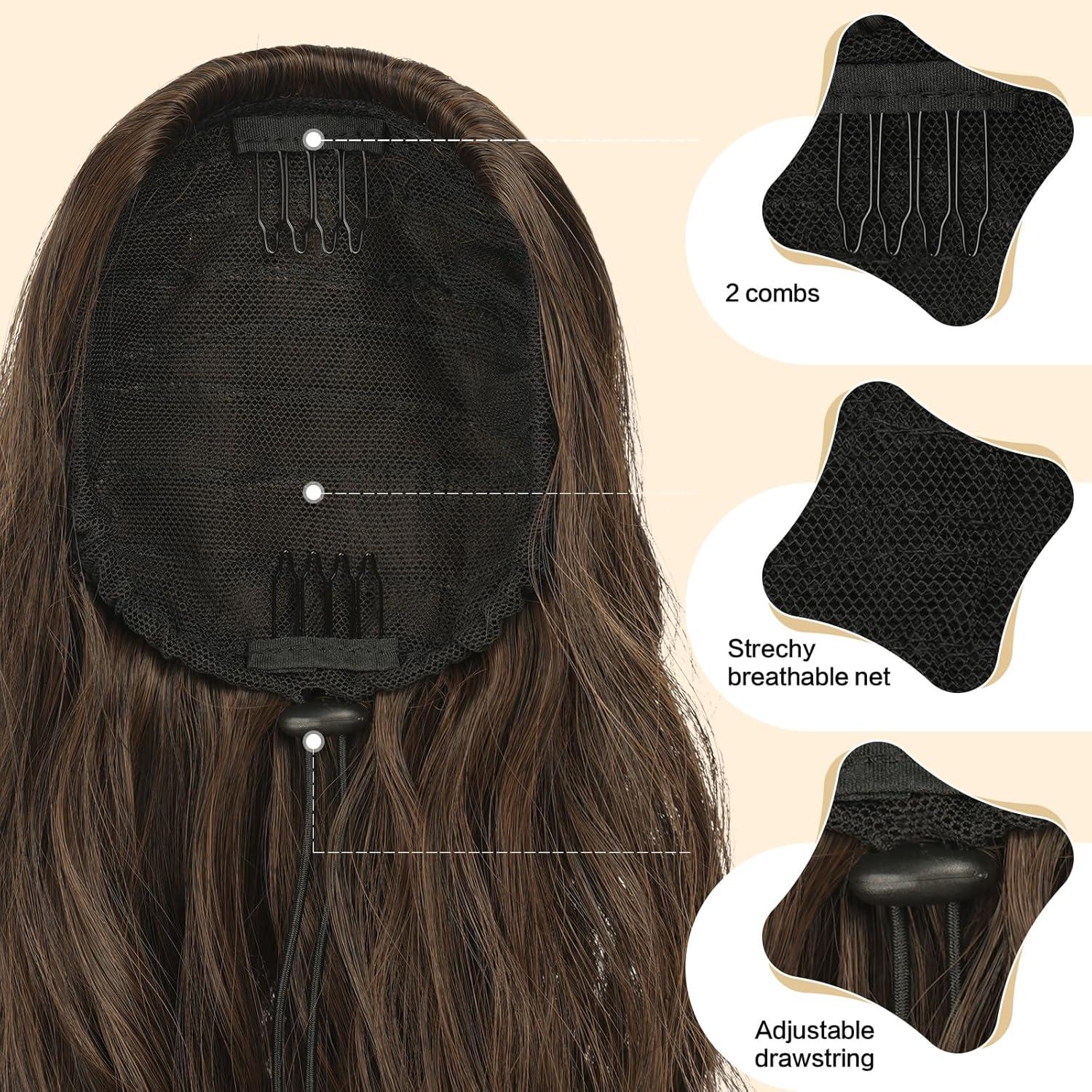 imageFESHFEN Ponytail Extensions Drawstring Ponytails Hair Extension Long Curly Wavy Hair Piece Synthetic Pony Tail Hairpieces for Women Golden Brown Mix Blonde 18 inch430 Brown Light Auburn Mixed