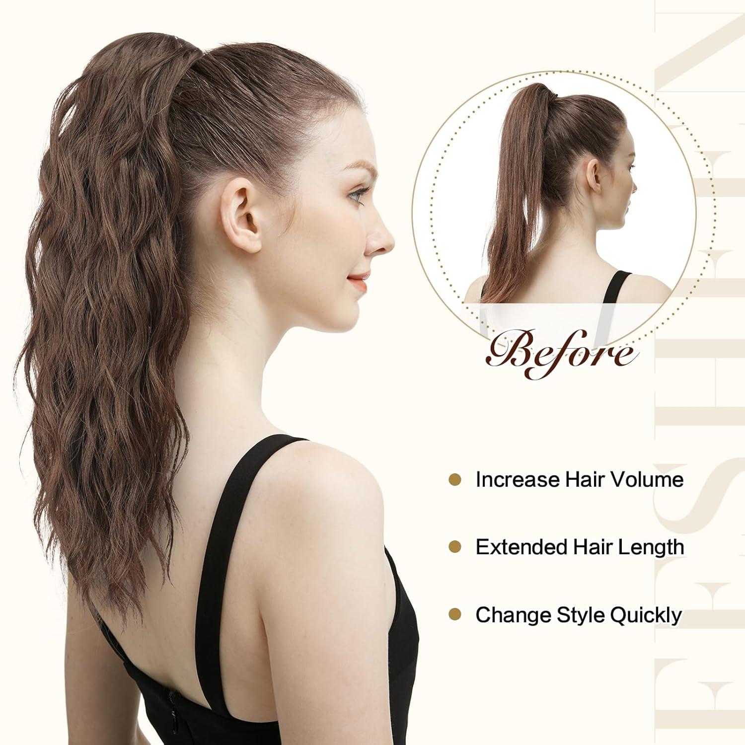 imageFESHFEN Ponytail Extensions Drawstring Ponytails Hair Extension Long Curly Wavy Hair Piece Synthetic Pony Tail Hairpieces for Women Golden Brown Mix Blonde 18 inch430 Brown Light Auburn Mixed