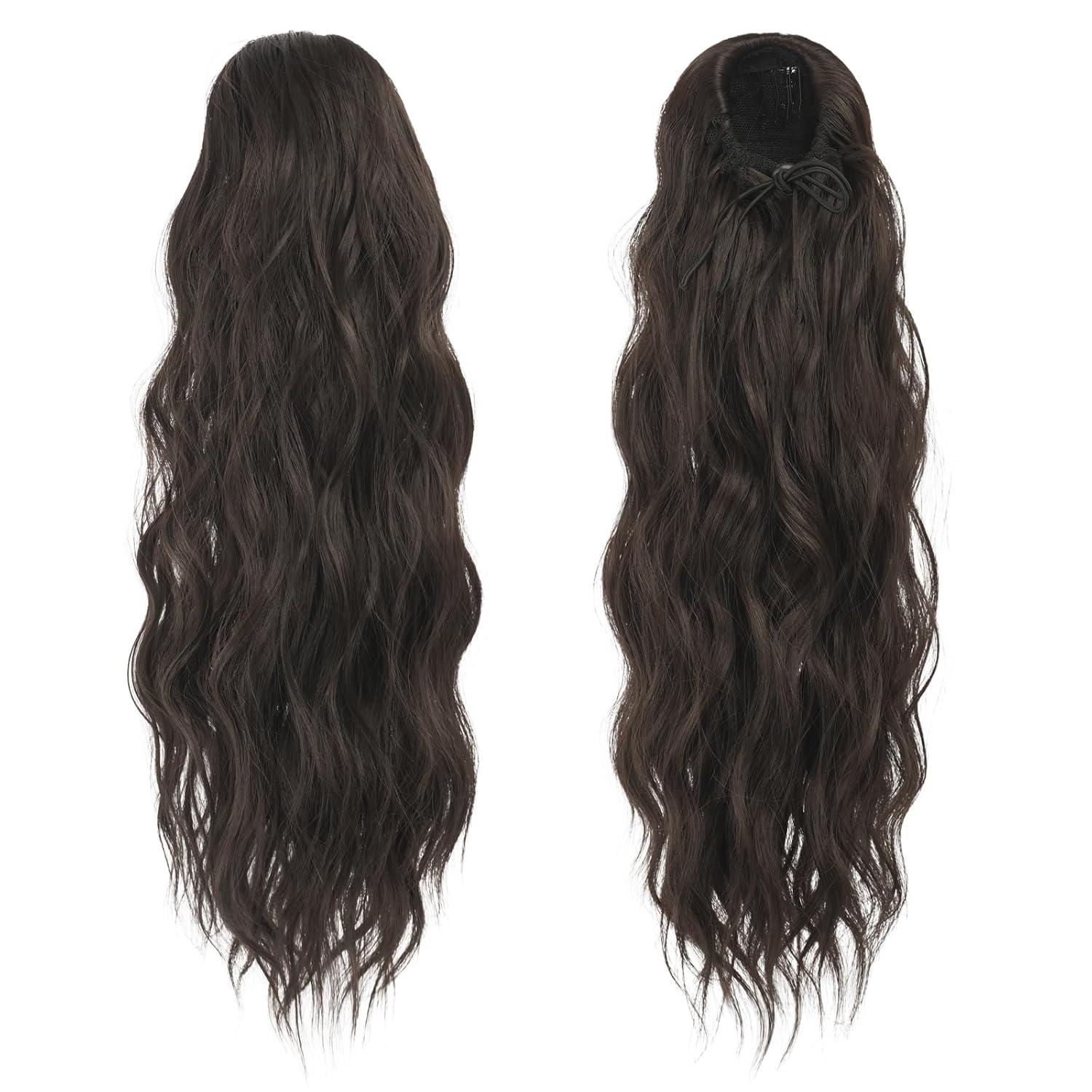 imageFESHFEN Ponytail Extensions Drawstring Ponytails Hair Extension Long Curly Wavy Hair Piece Synthetic Pony Tail Hairpieces for Women Golden Brown Mix Blonde 18 inch6A Dark Brown