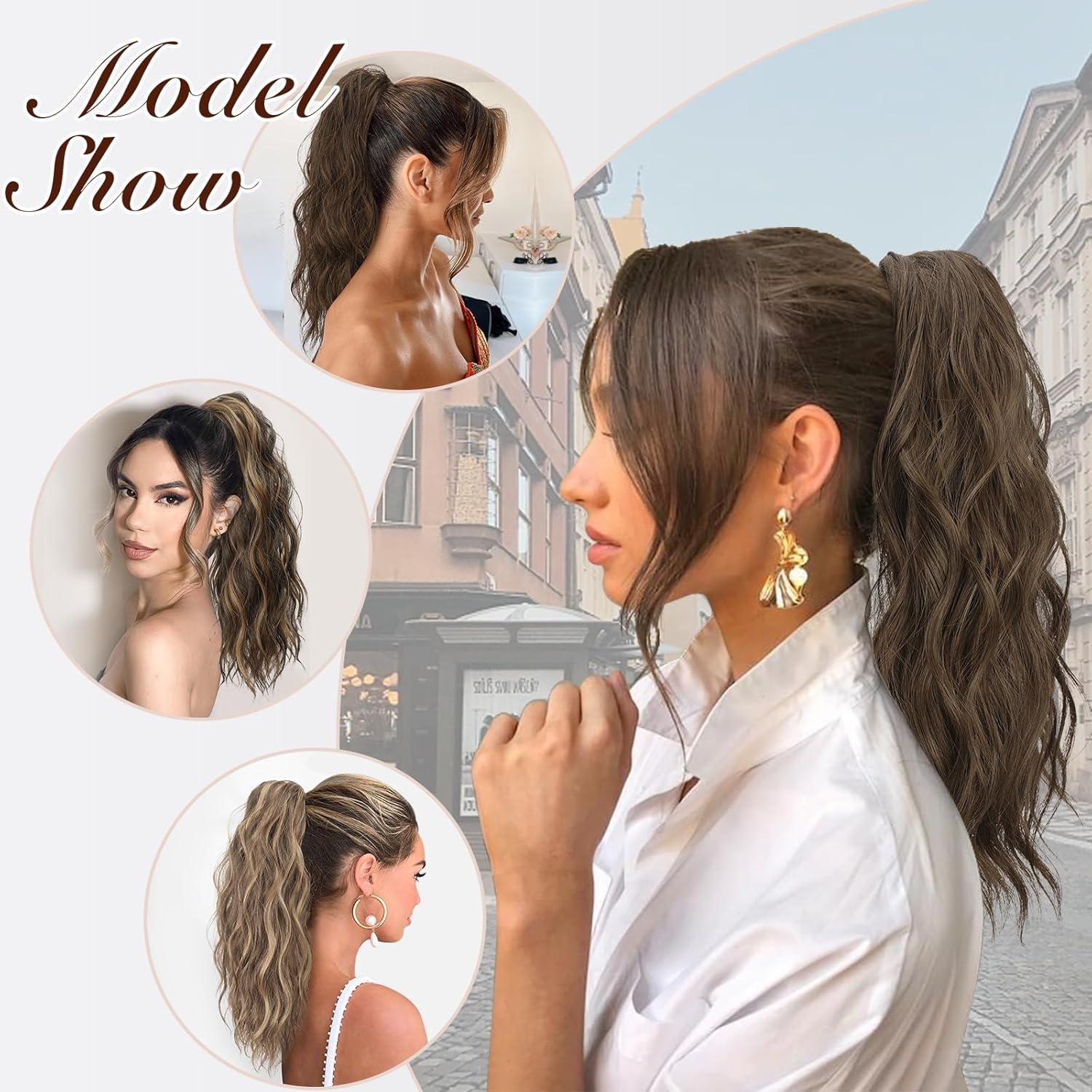 imageFESHFEN Ponytail Extensions Drawstring Ponytails Hair Extension Long Curly Wavy Hair Piece Synthetic Pony Tail Hairpieces for Women Golden Brown Mix Blonde 18 inch2 Natural Black