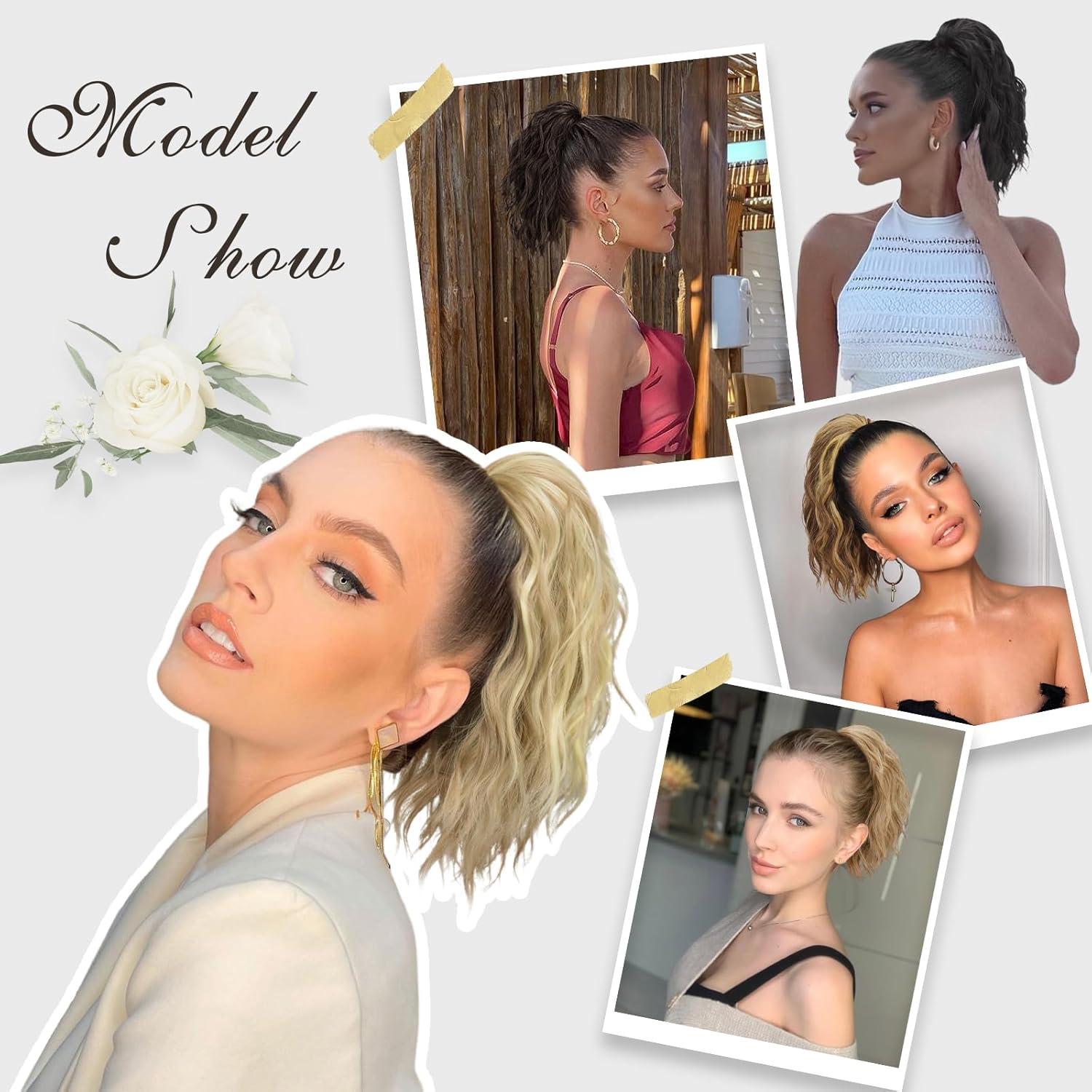 imageFESHFEN Ponytail Extensions Drawstring Ponytails Hair Extension Long Curly Wavy Hair Piece Synthetic Pony Tail Hairpieces for Women Golden Brown Mix Blonde 18 inchAsh Blonde 12 inch