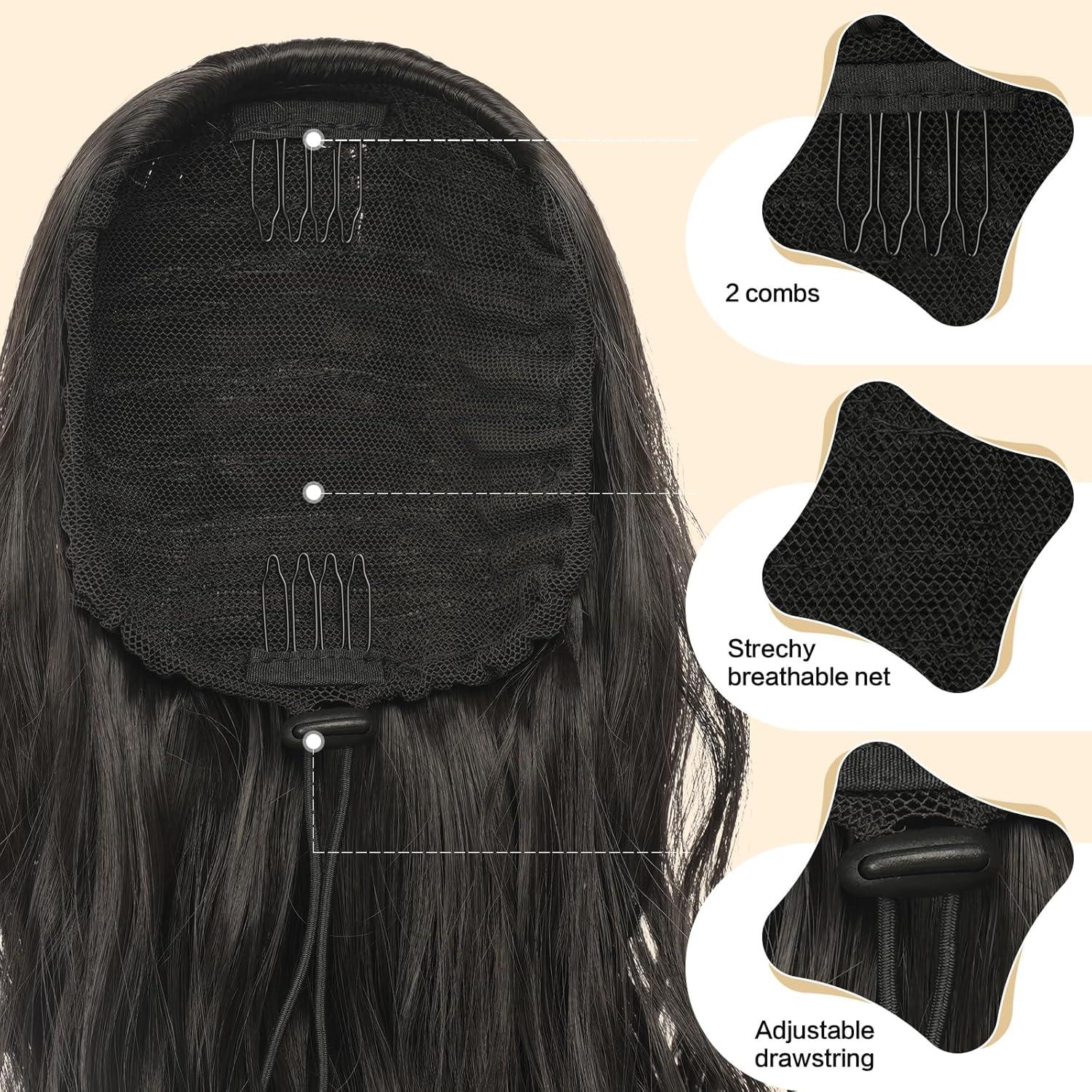 imageFESHFEN Ponytail Extensions Drawstring Ponytails Hair Extension Long Curly Wavy Hair Piece Synthetic Pony Tail Hairpieces for Women Golden Brown Mix Blonde 18 inch2 Natural Black