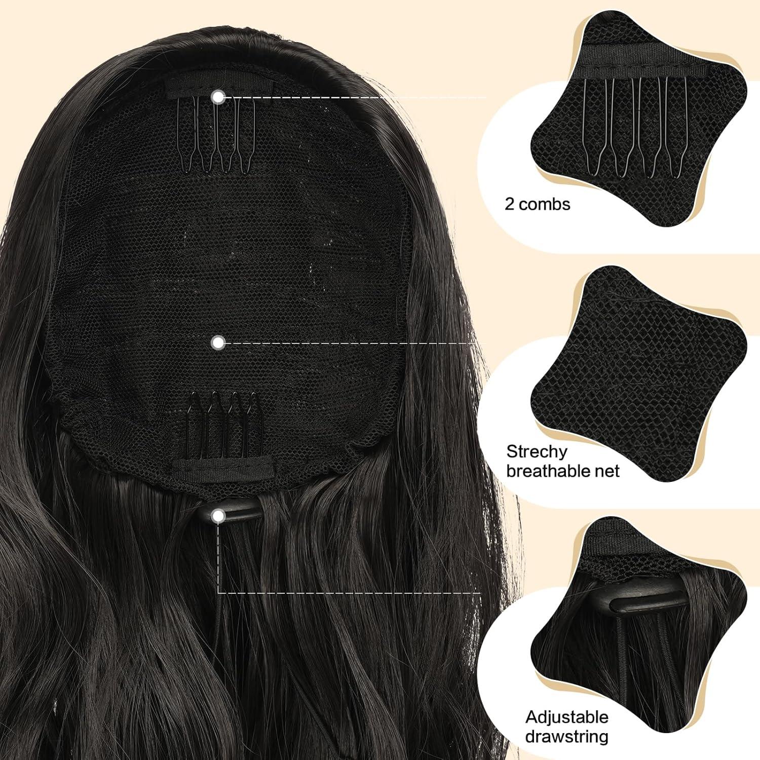 imageFESHFEN Ponytail Extensions Drawstring Ponytails Hair Extension Long Curly Wavy Hair Piece Synthetic Pony Tail Hairpieces for Women Golden Brown Mix Blonde 18 inch4 Black Brown