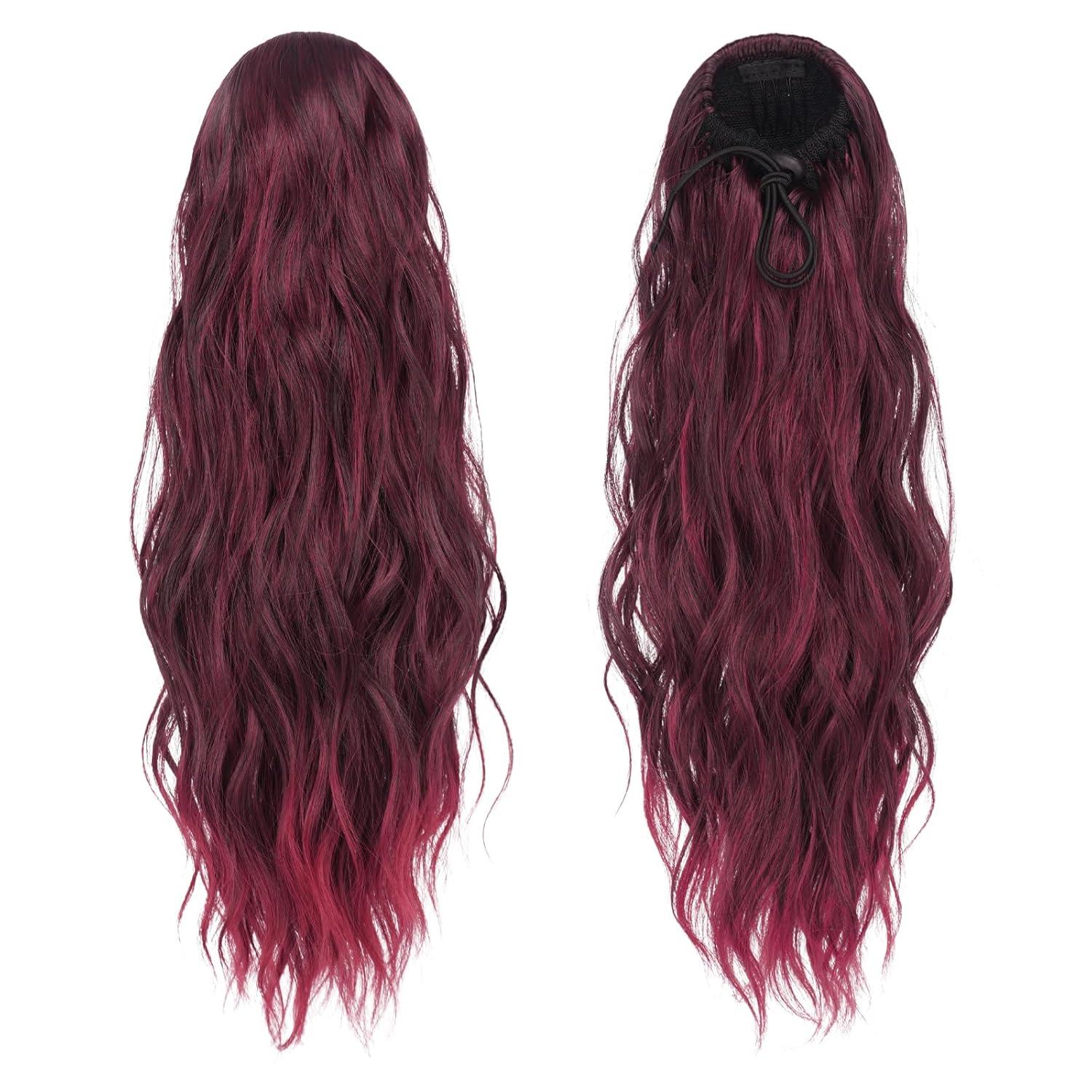 imageFESHFEN Ponytail Extensions Drawstring Ponytails Hair Extension Long Curly Wavy Hair Piece Synthetic Pony Tail Hairpieces for Women Golden Brown Mix Blonde 18 inchBlack Ombre Red