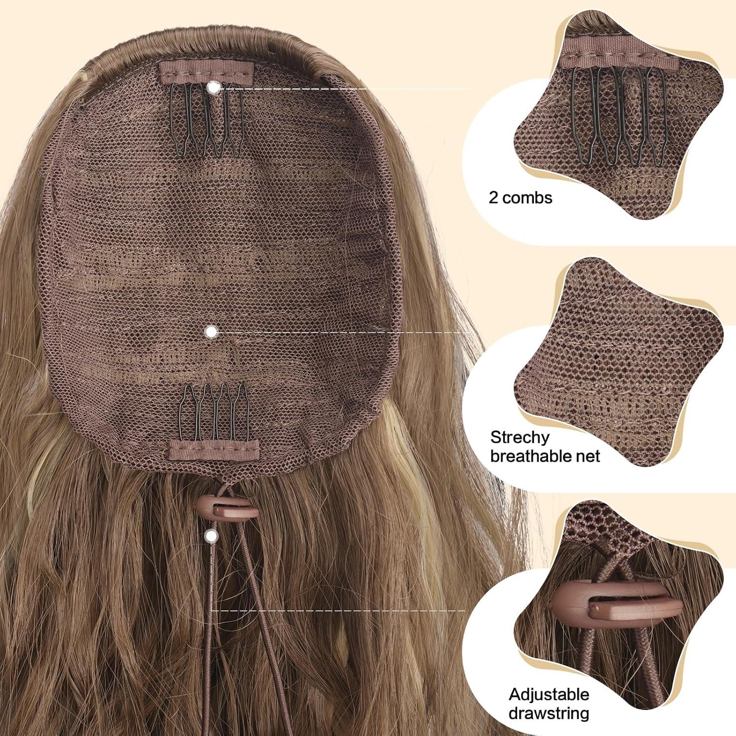 imageFESHFEN Ponytail Extensions Drawstring Ponytails Hair Extension Long Curly Wavy Hair Piece Synthetic Pony Tail Hairpieces for Women Golden Brown Mix Blonde 18 inchLight Brown Blonde