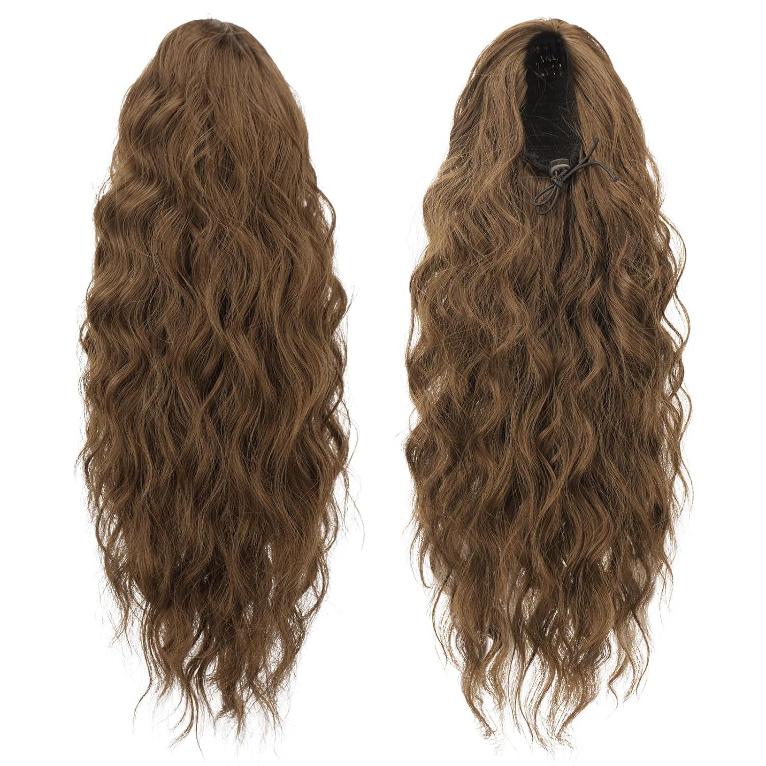 imageFESHFEN Ponytail Extensions Drawstring Ponytails Hair Extension Long Curly Wavy Hair Piece Synthetic Pony Tail Hairpieces for Women Golden Brown Mix Blonde 18 inchChestnut Brown